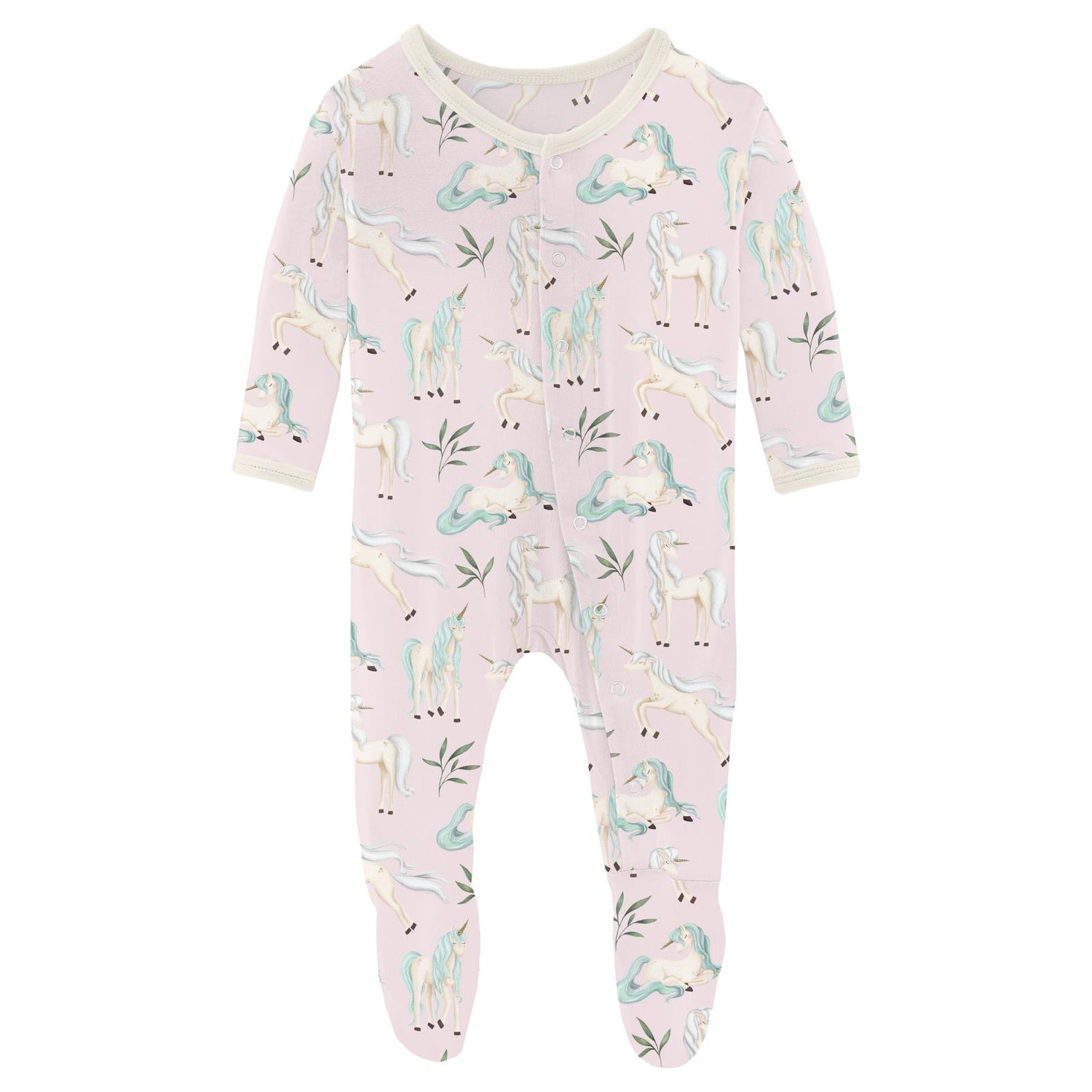 Print Footie with Snaps in Shrinking Violet Sleeping Unicorns