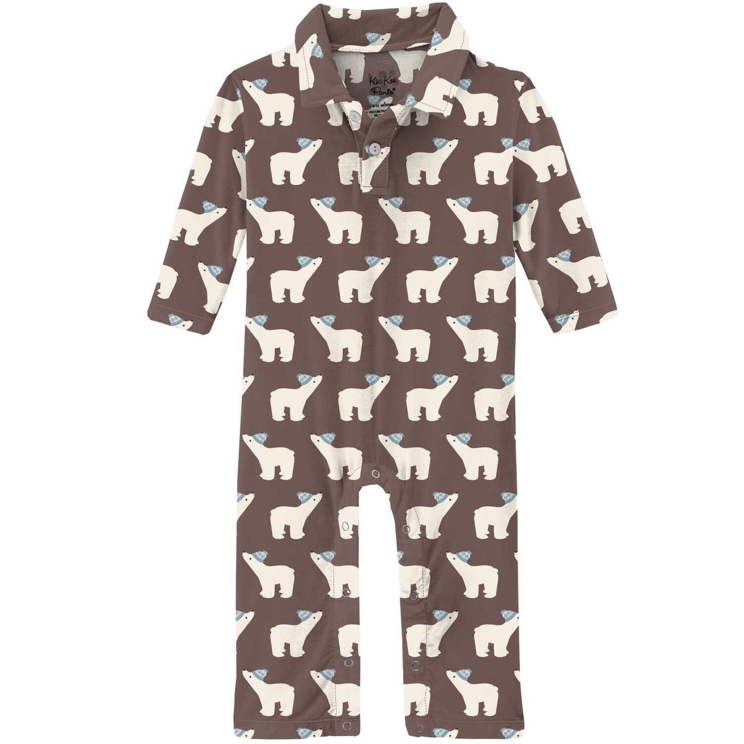 Print Long Sleeve Polo Romper in Coffee Polar Bears