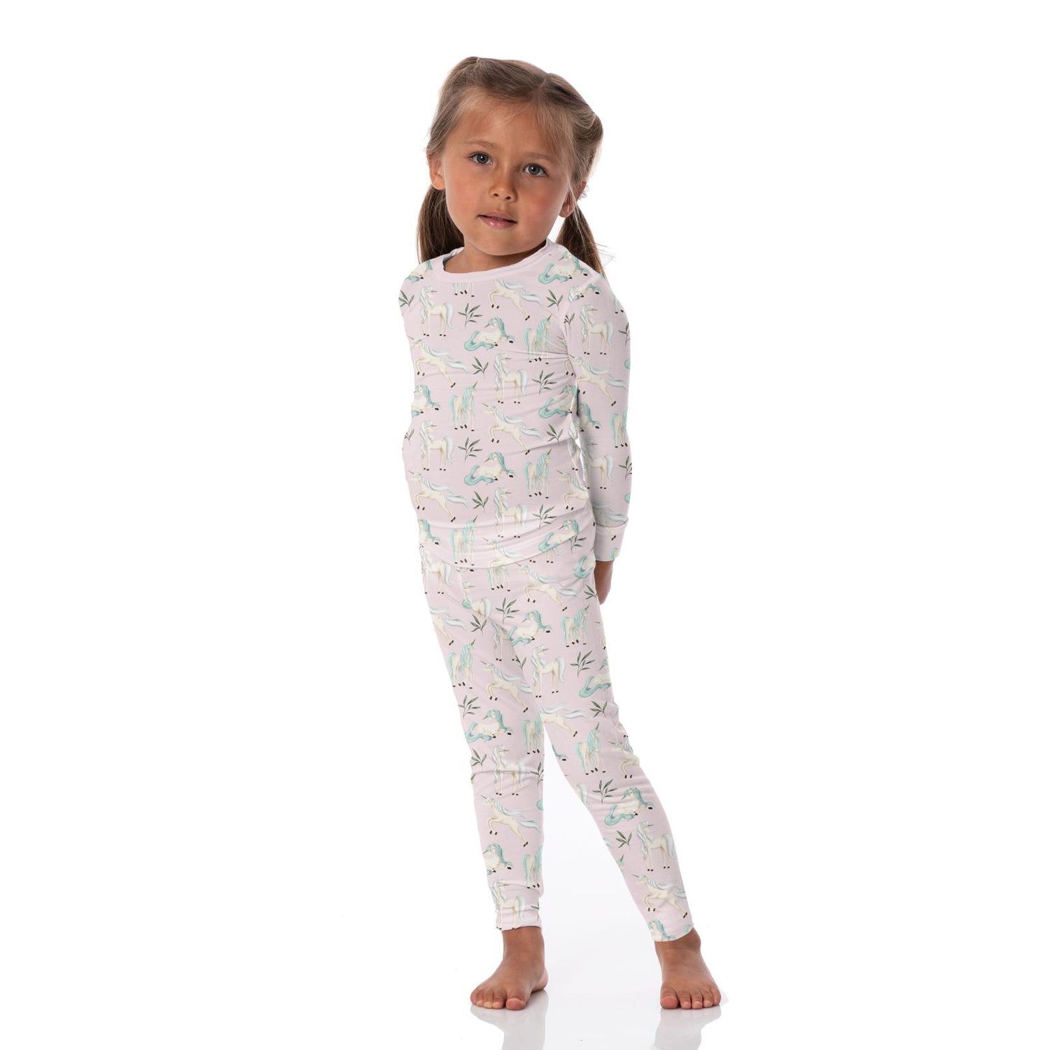 Print Long Sleeve Pajama Set in Shrinking Violet Sleeping Unicorns (339274)