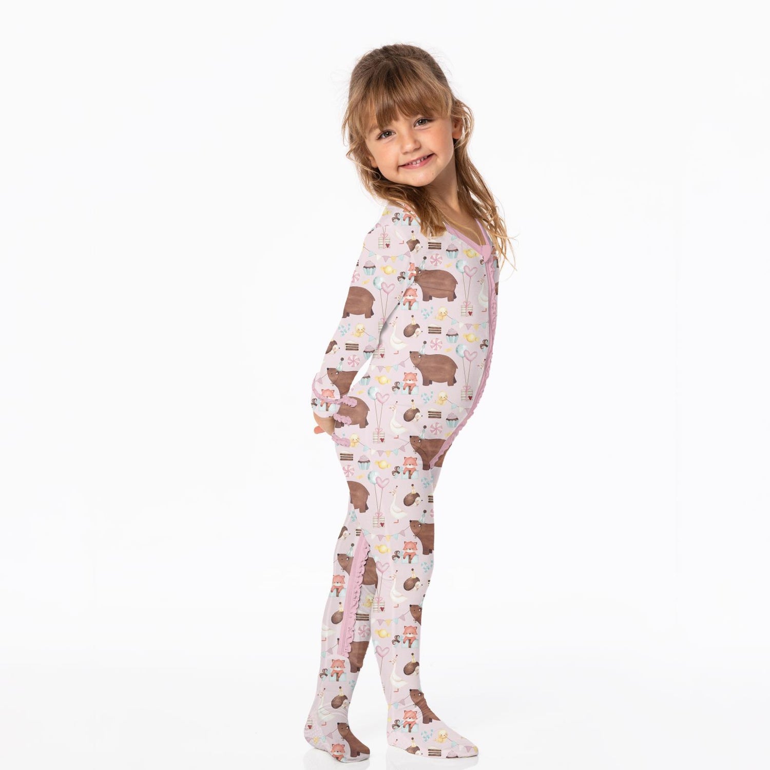 Print Muffin Ruffle Footie with 2 Way Zipper in Shrinking Violet Forest Party (339278)