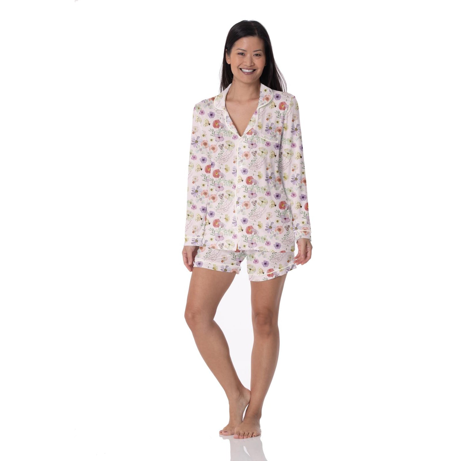 Women's Print Short Sleeve Collared Pajama Set with Shorts in Shrinking Violet Pressed Flowers (339267)