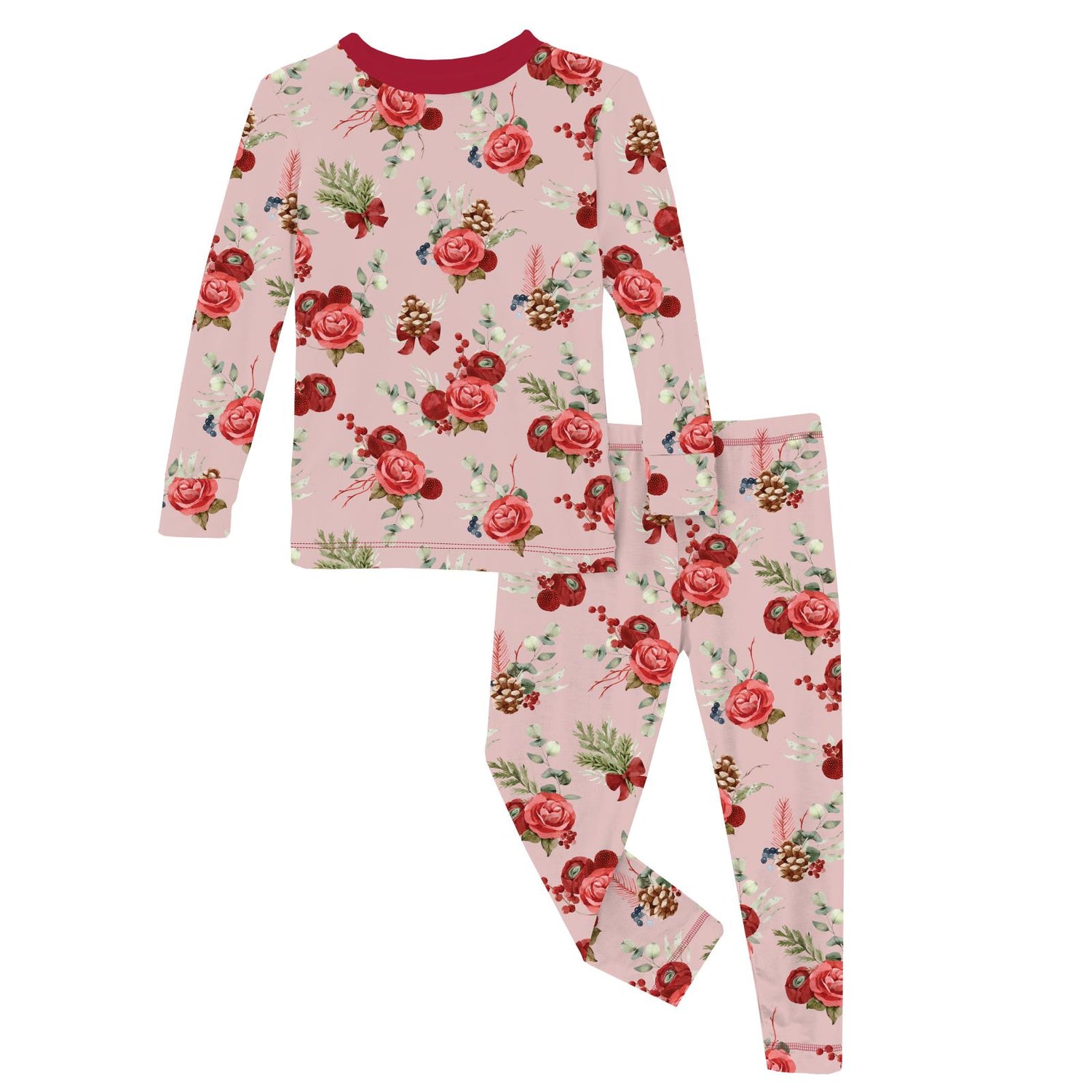 Print Long Sleeve Pajama Set in Baby Rose Holiday Floral (343633)