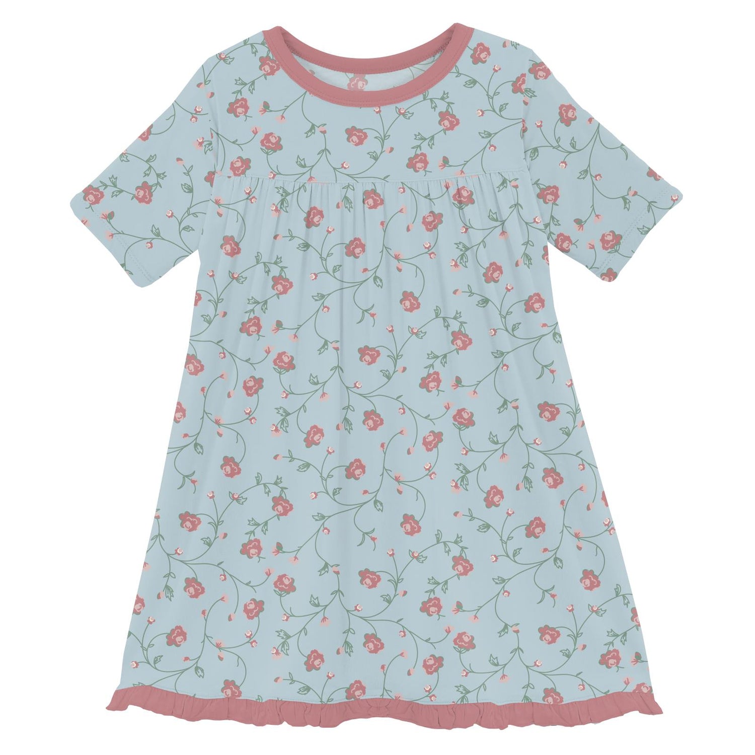 Print Short Sleeve Swing Dress in Spring Sky Floral Vines (379159)
