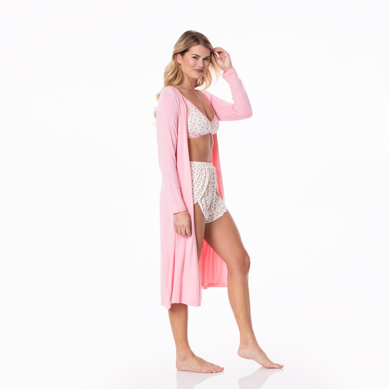 Women's Print Sleeping Bra, Tulip Shorts and Duster Robe Set in Natural Buds