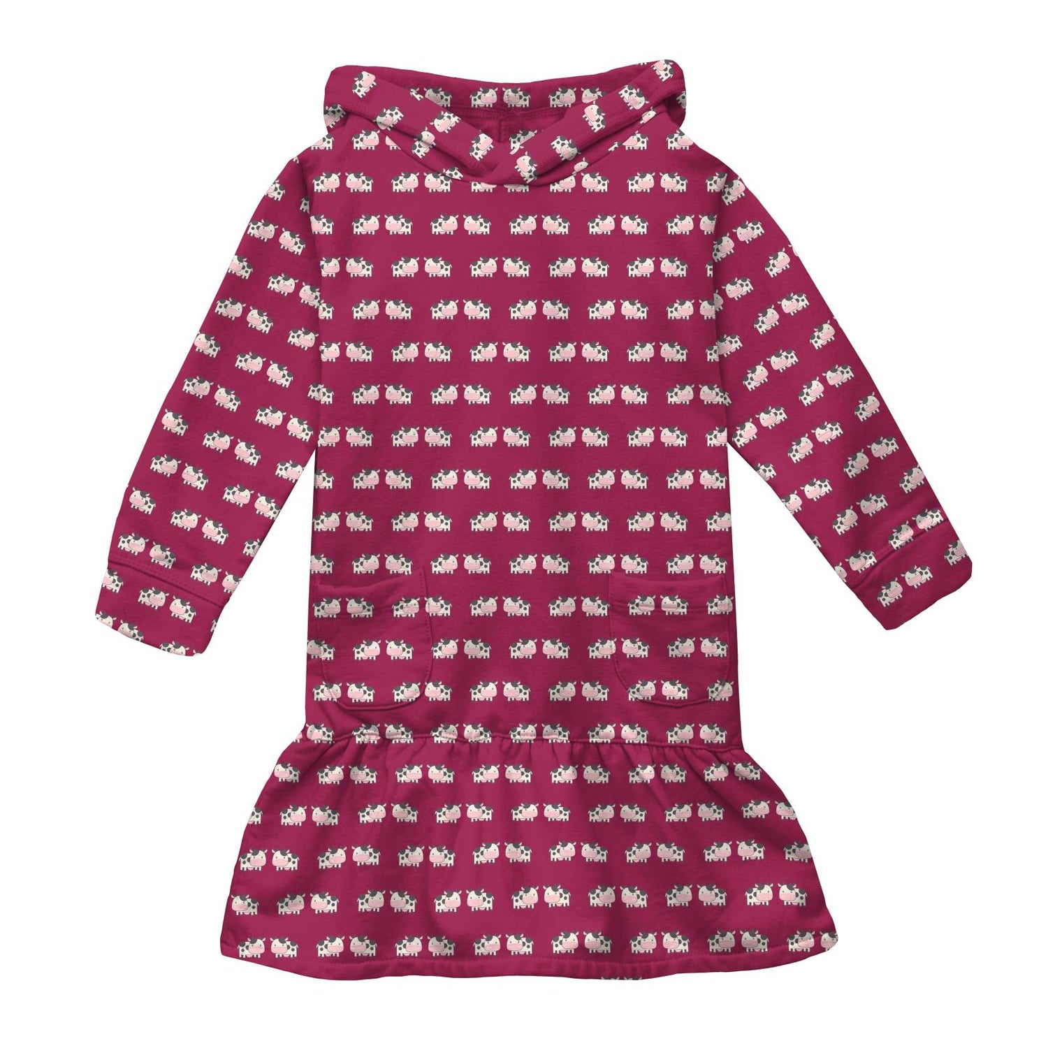 Print Long Sleeve Fleece Hoodie Dress in Berry Cow (225501)