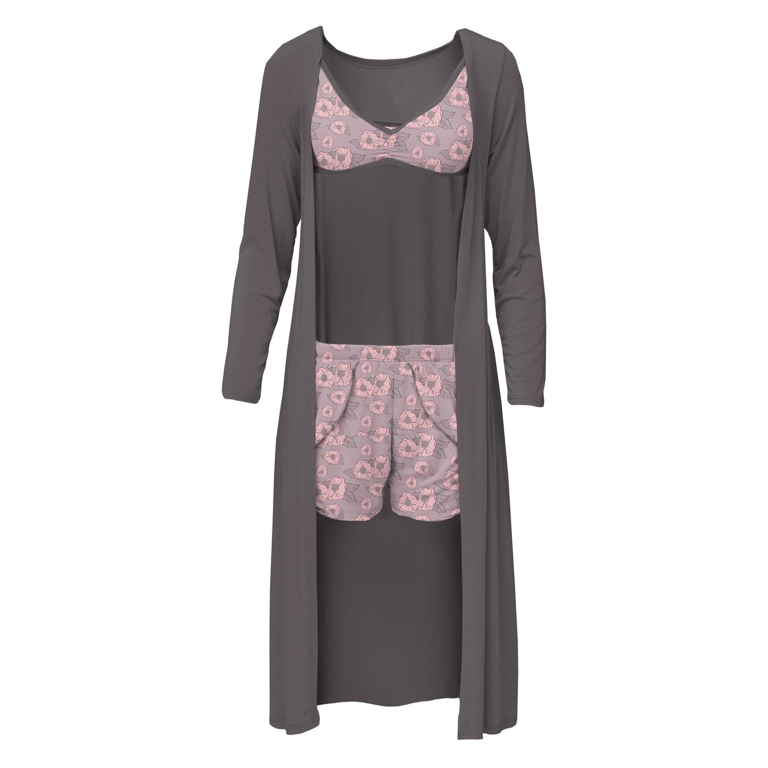 Women's Print Sleeping Bra, Tulip Shorts and Duster Robe Set in Sweet Pea Poppies