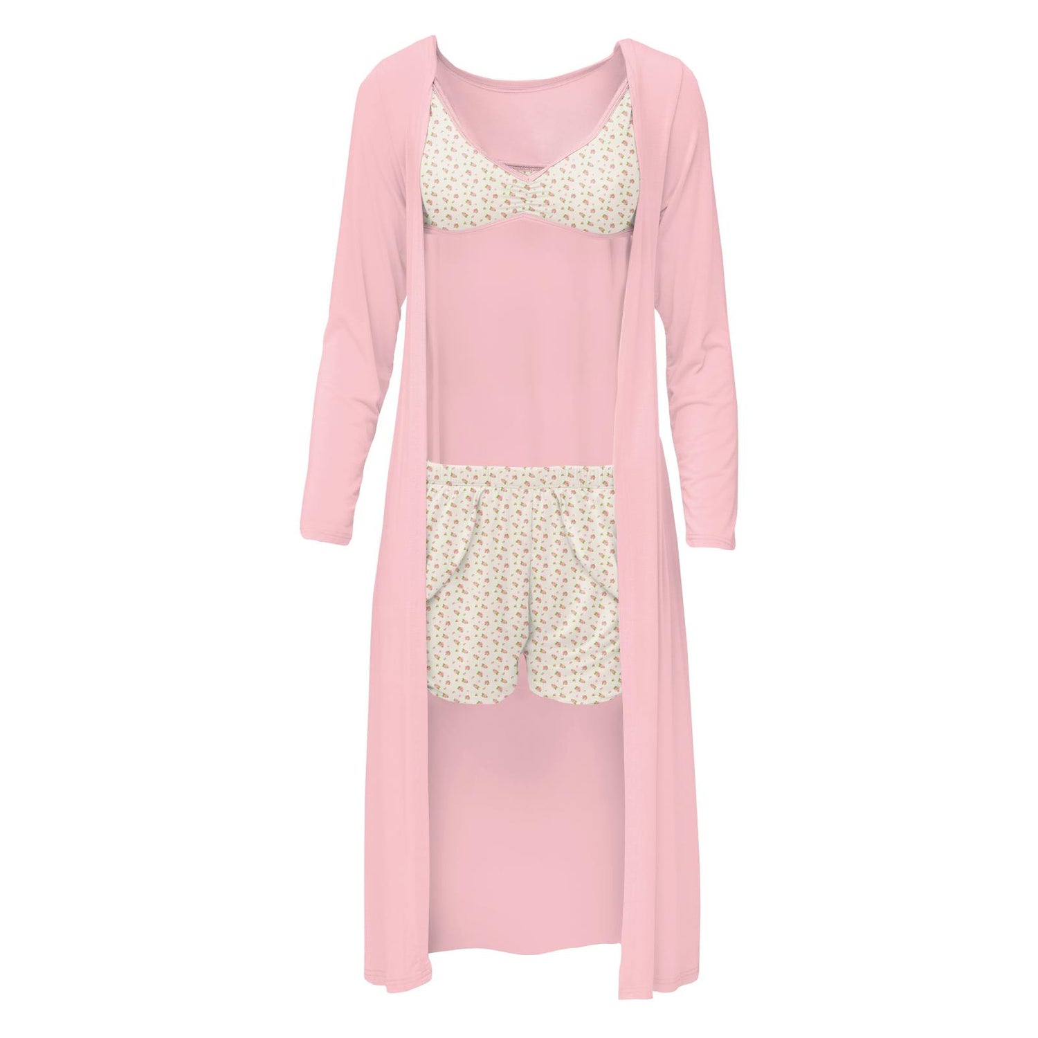 Women's Print Sleeping Bra, Tulip Shorts and Duster Robe Set in Natural Buds