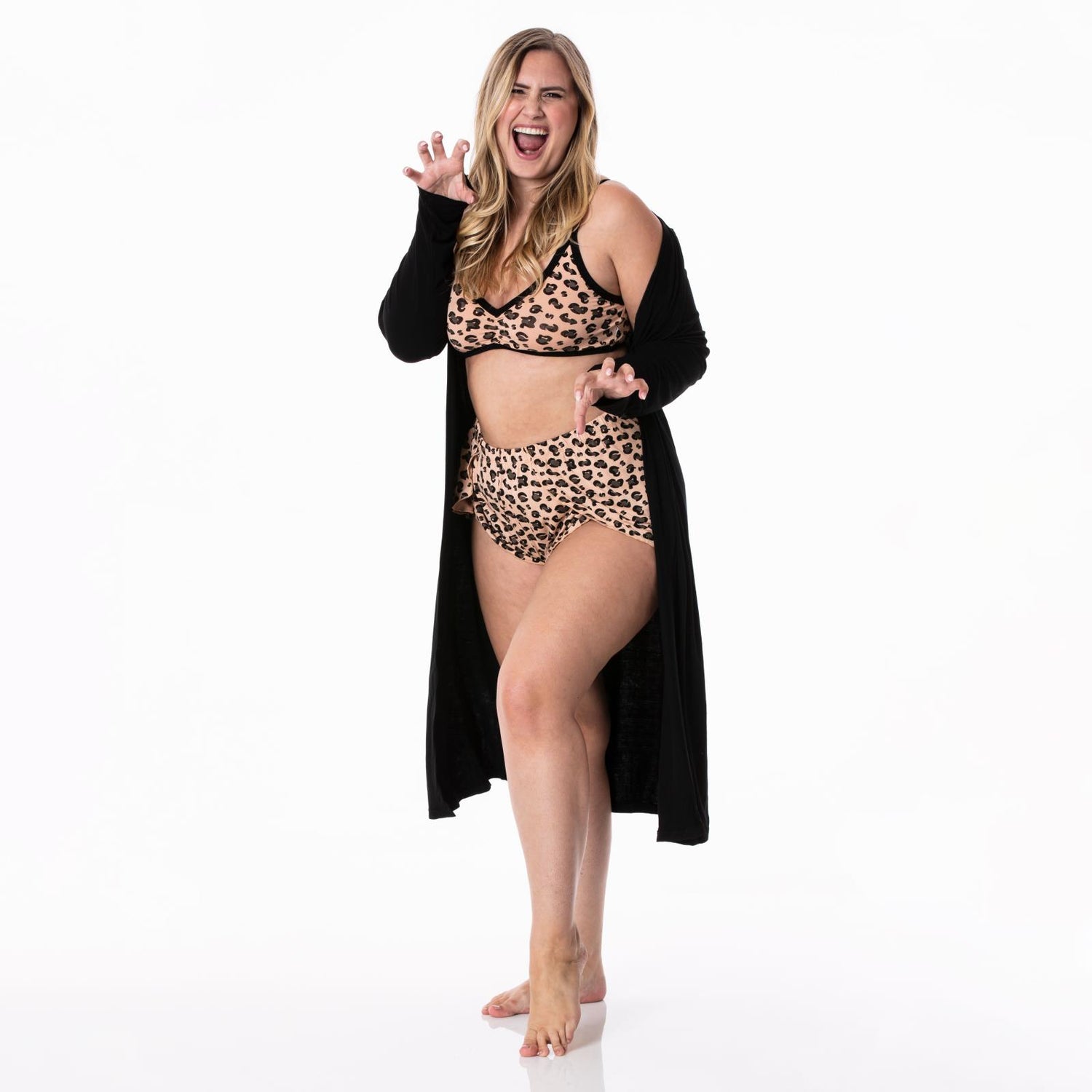 Women's Print Sleeping Bra, Tulip Shorts and Duster Robe Set in Suede Cheetah Print