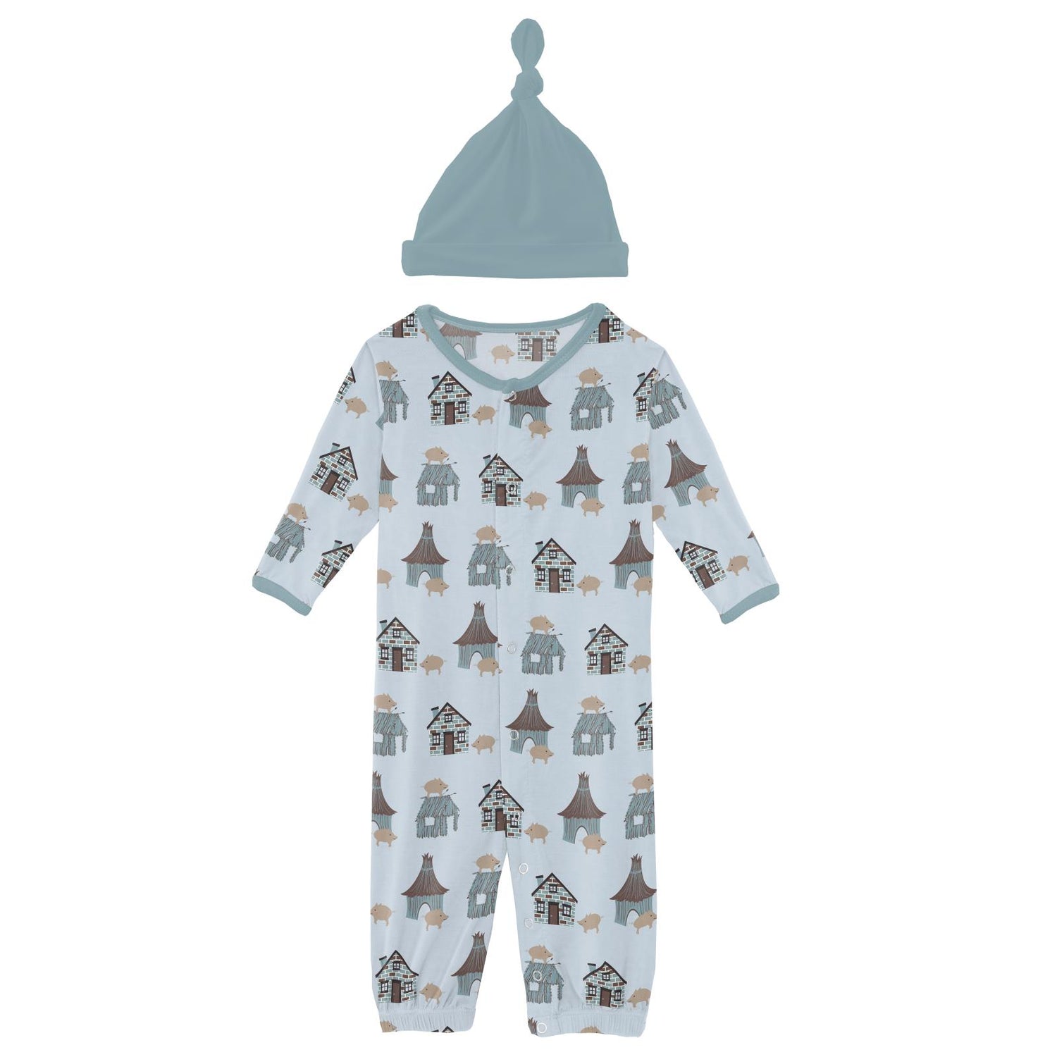 Print Layette Gown Converter & Single Knot Hat Set in Illusion Blue Three Little Pigs (291558)