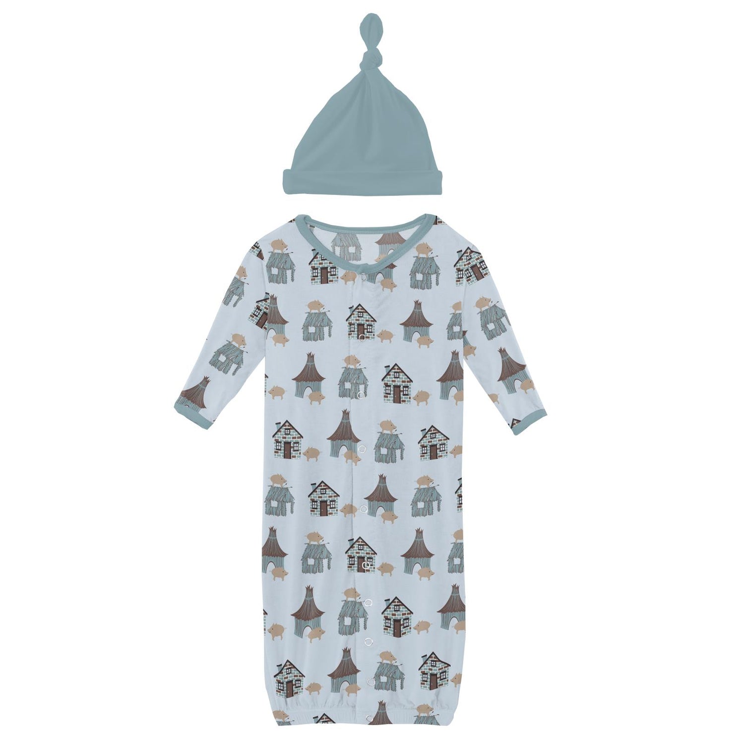 Print Layette Gown Converter & Single Knot Hat Set in Illusion Blue Three Little Pigs (291630)