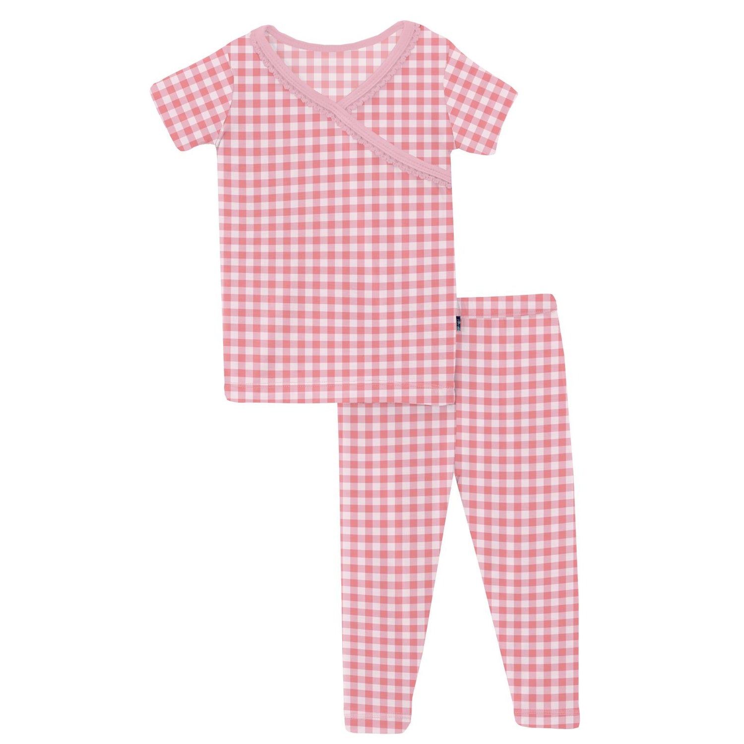 Print Short Sleeve Scallop Kimono Pajama Set in Cake Pop Gingham (314260)