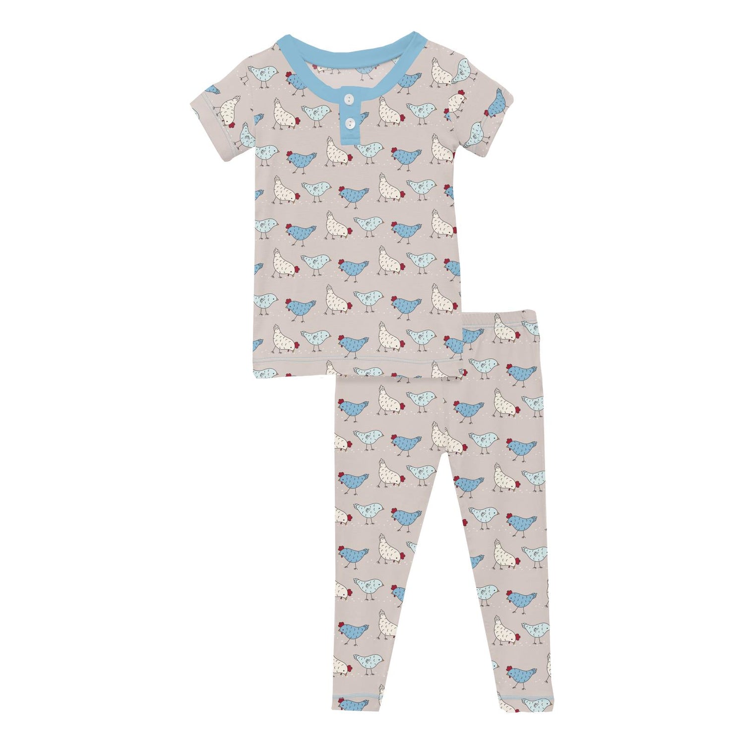 Print Short Sleeve Henley Pajama Set in Latte Chickens (314342)