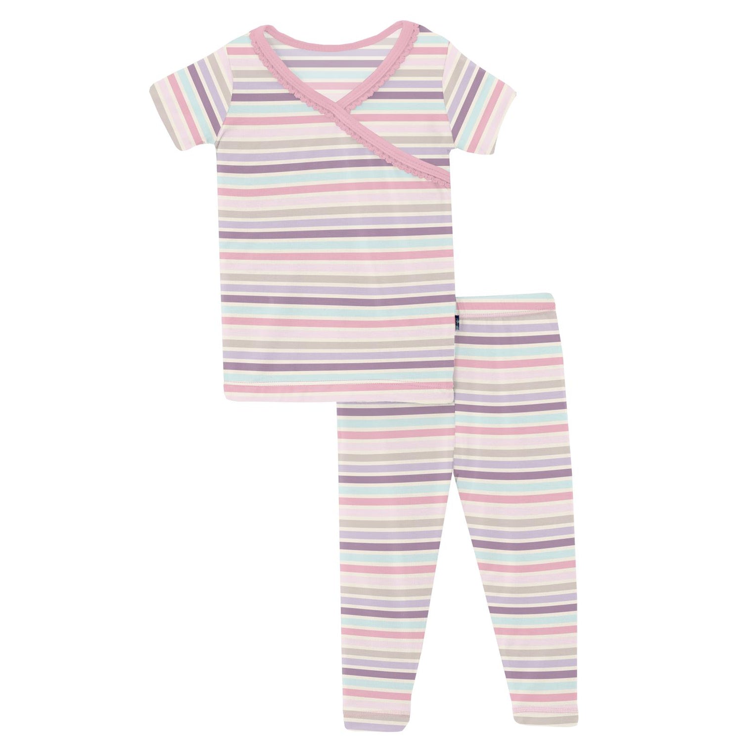 Print Short Sleeve Scallop Kimono Pajama Set in Ice Cream Stripe (314595)