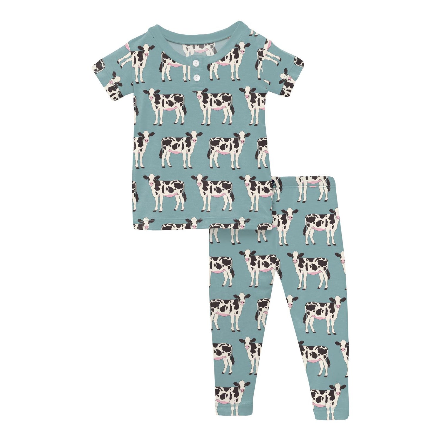 Print Short Sleeve Henley Pajama Set in Jade Cows (314601)