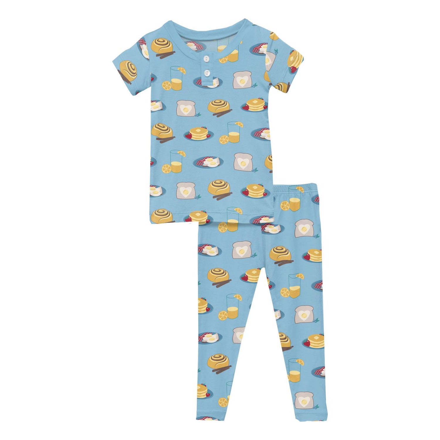 Print Short Sleeve Henley Pajama Set in Seaside Blue Breakfast in Bed (314634)