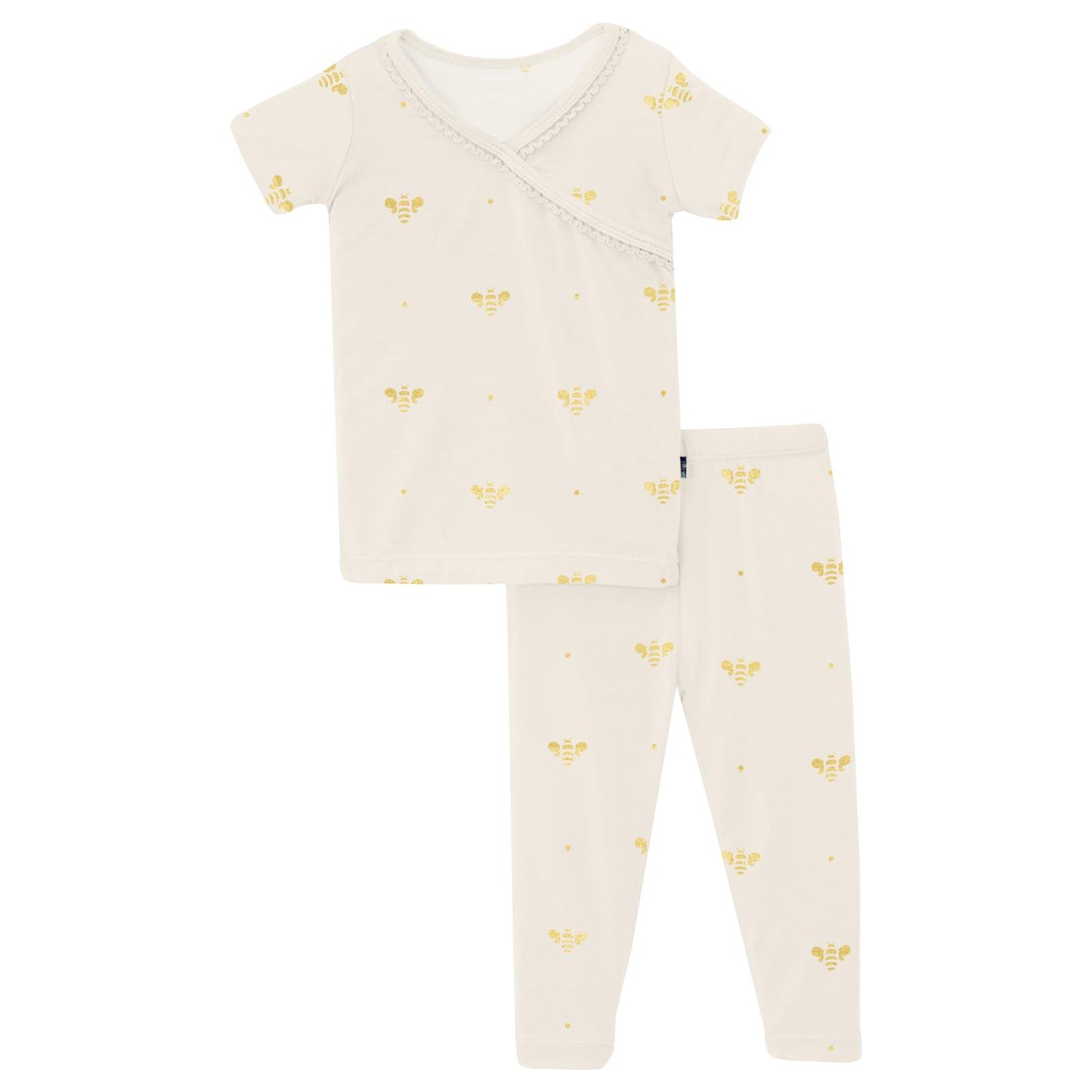 Print Short Sleeve Scallop Kimono Pajama Set in Gold Bees (314467)