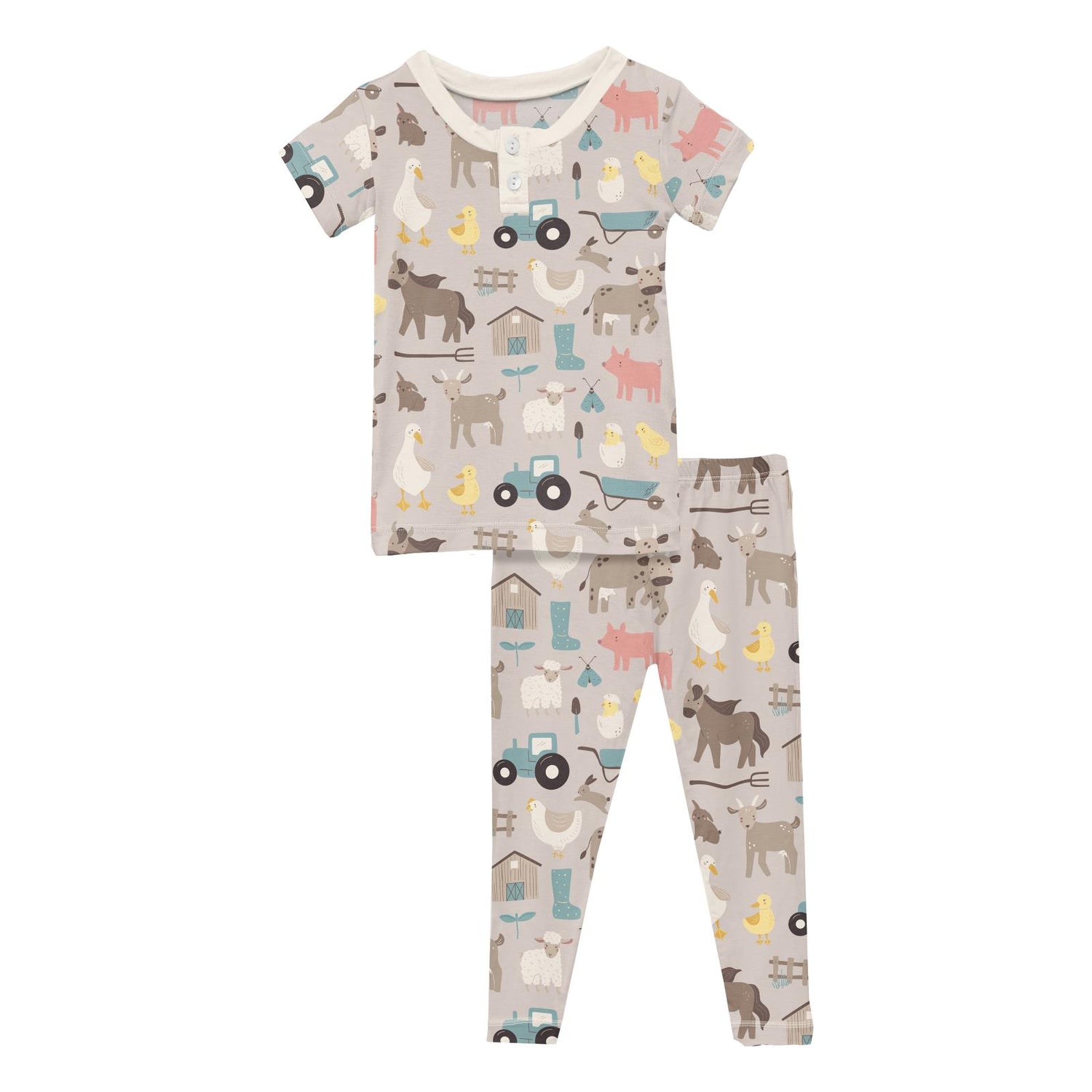 Print Short Sleeve Henley Pajama Set in Latte Morning on the Farm (314615)