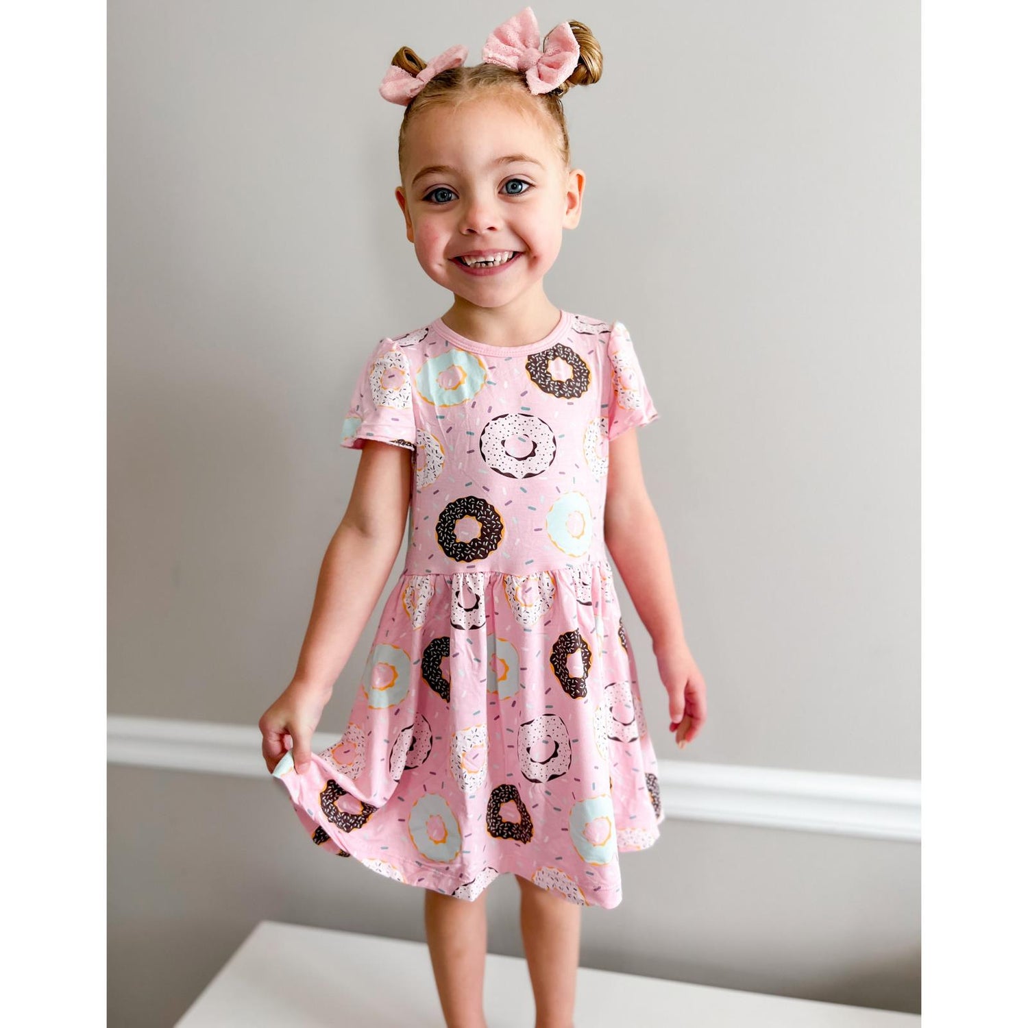 Print Flutter Sleeve Twirl Dress with Pockets in Cake Pop Donuts and Sprinkles (314648)