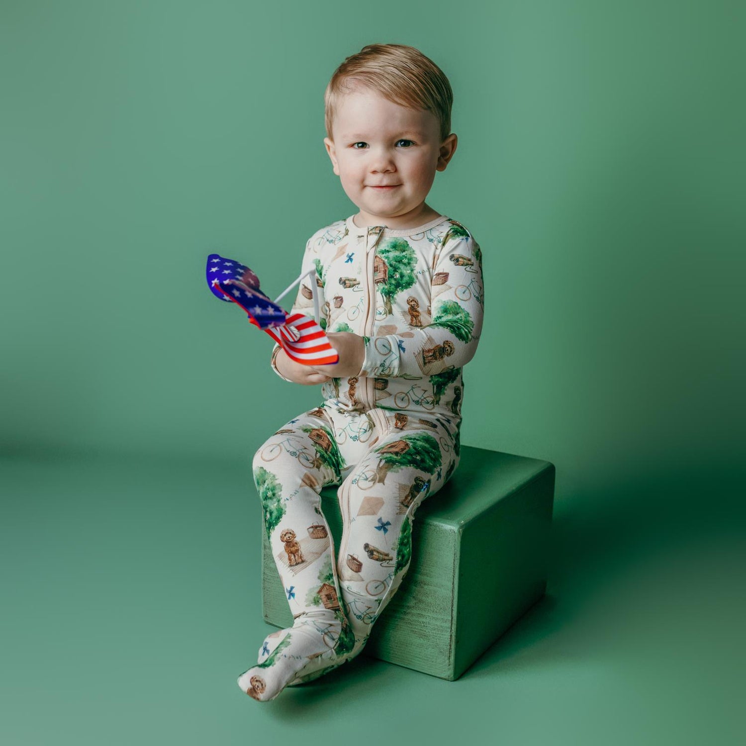 Print Footie with 2 Way Zipper in Natural Tree House (362346)