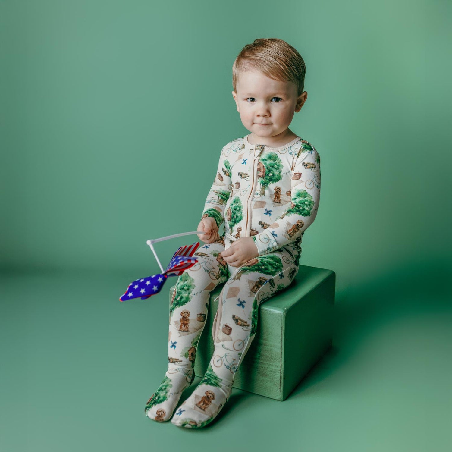 Print Footie with 2 Way Zipper in Natural Tree House (362349)