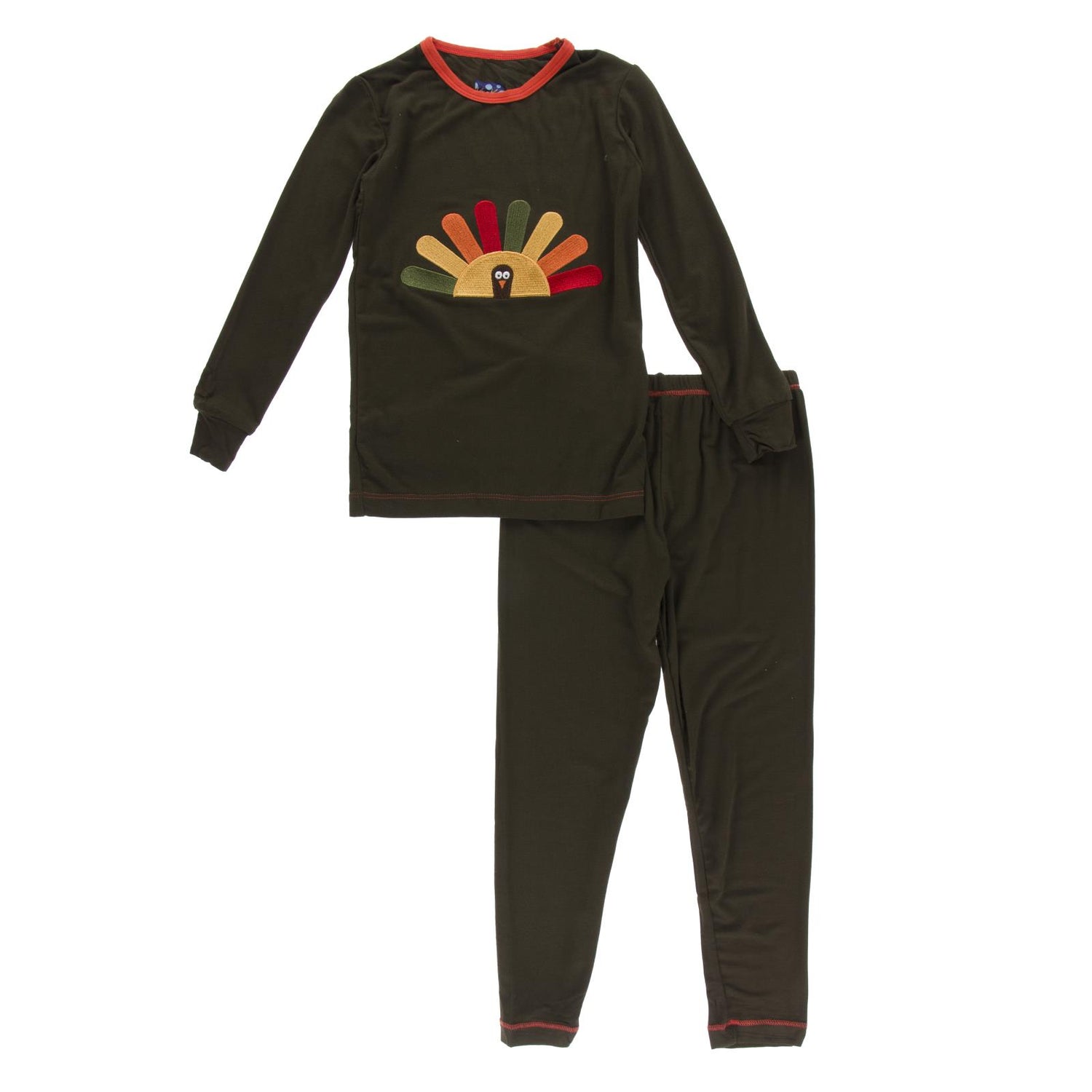 Holiday Long Sleeve Applique Pajama Set in Bark Turkey with Frisbee Trim (350062)