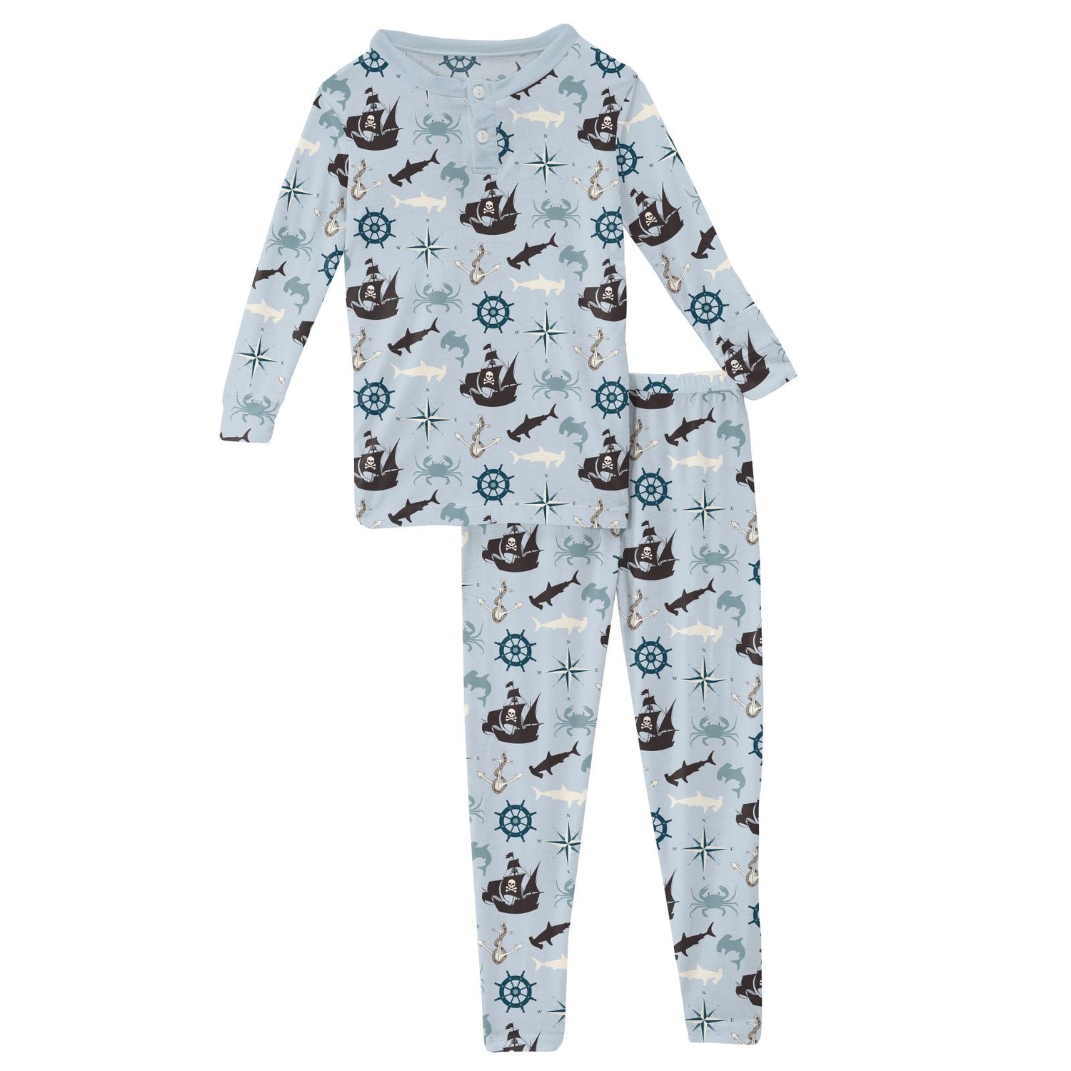 Print Long Sleeve Henley Pajama Set in Illusion Blue Pirate Adventure