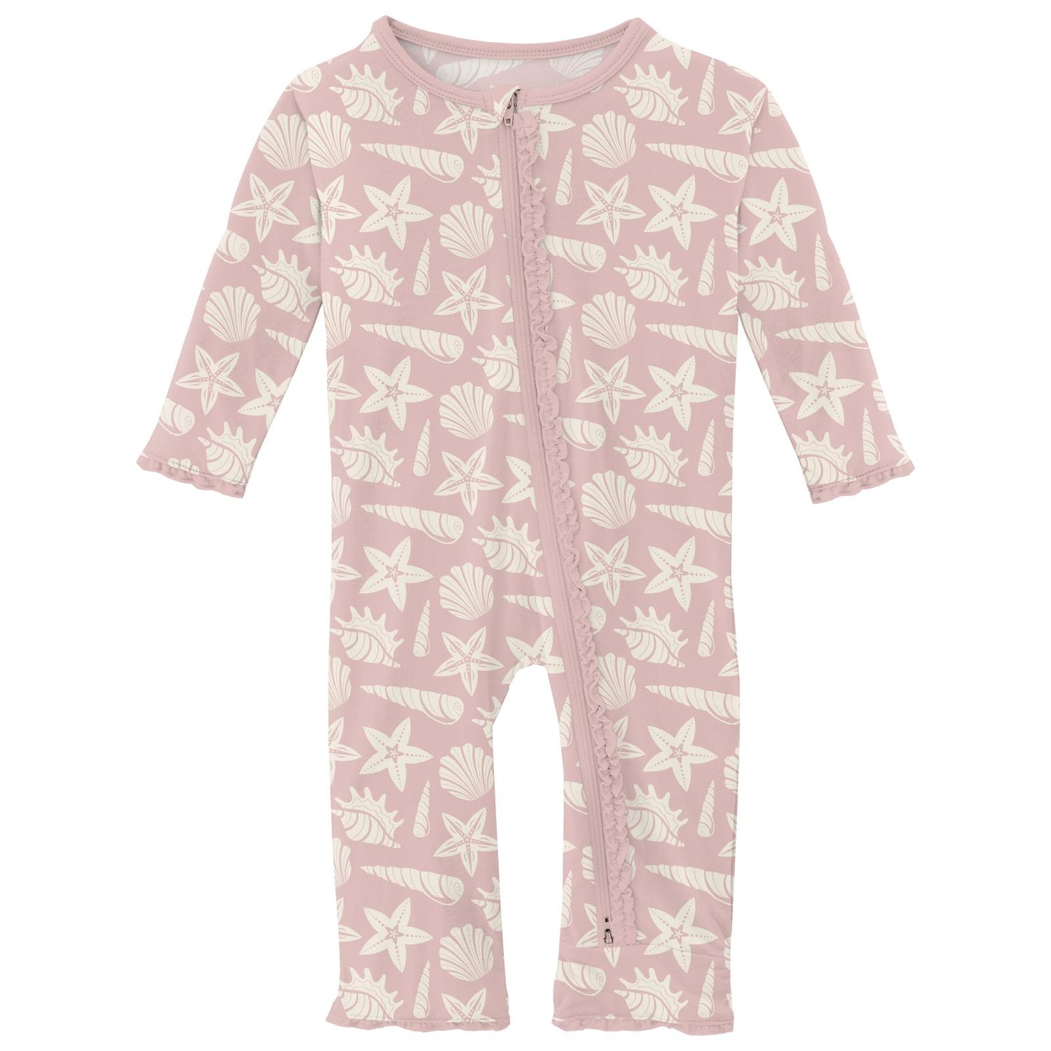 Print Muffin Ruffle Coverall with 2 Way Zipper in Baby Rose Shells & Starfish