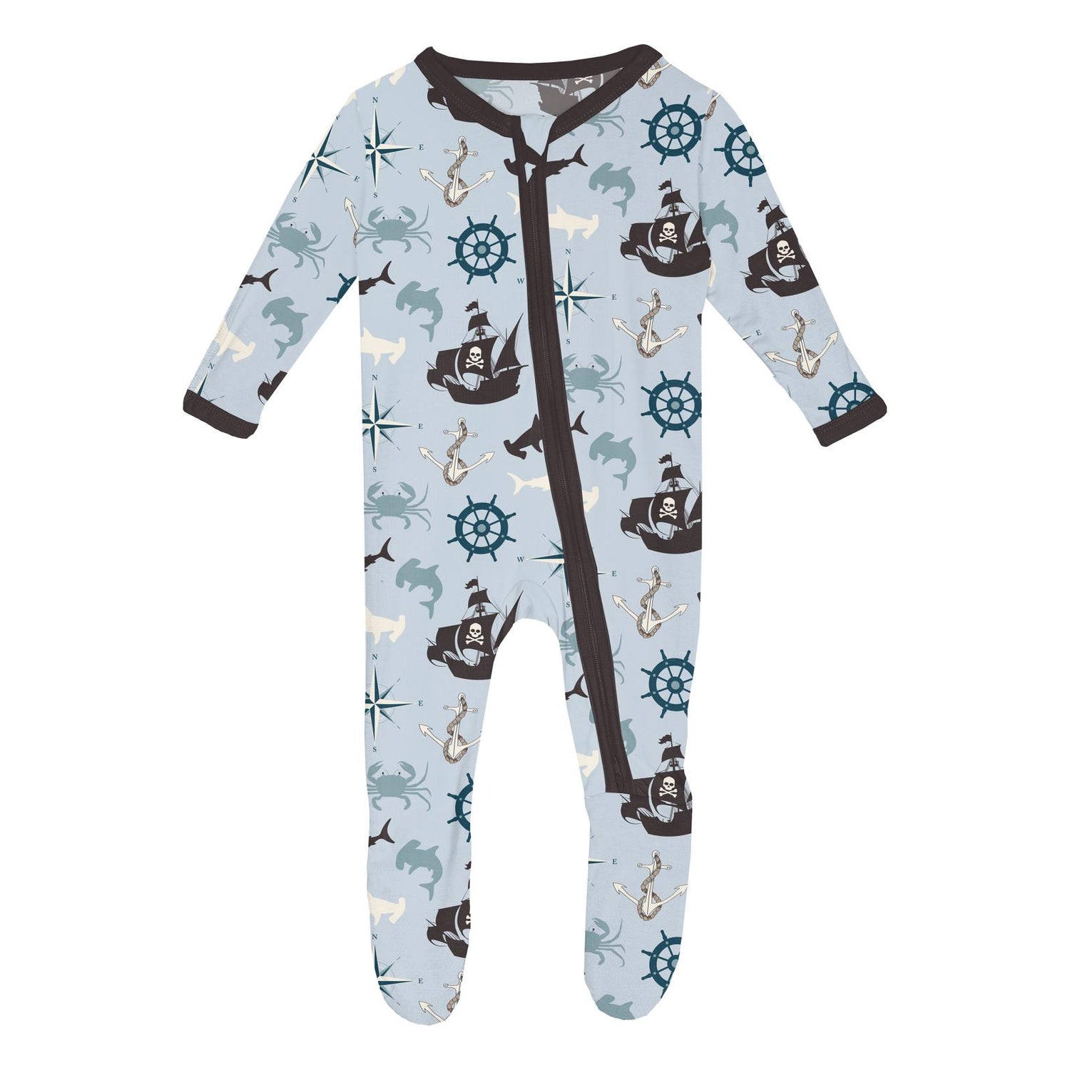 Print Footie with 2 Way Zipper in Illusion Blue Pirate Adventure