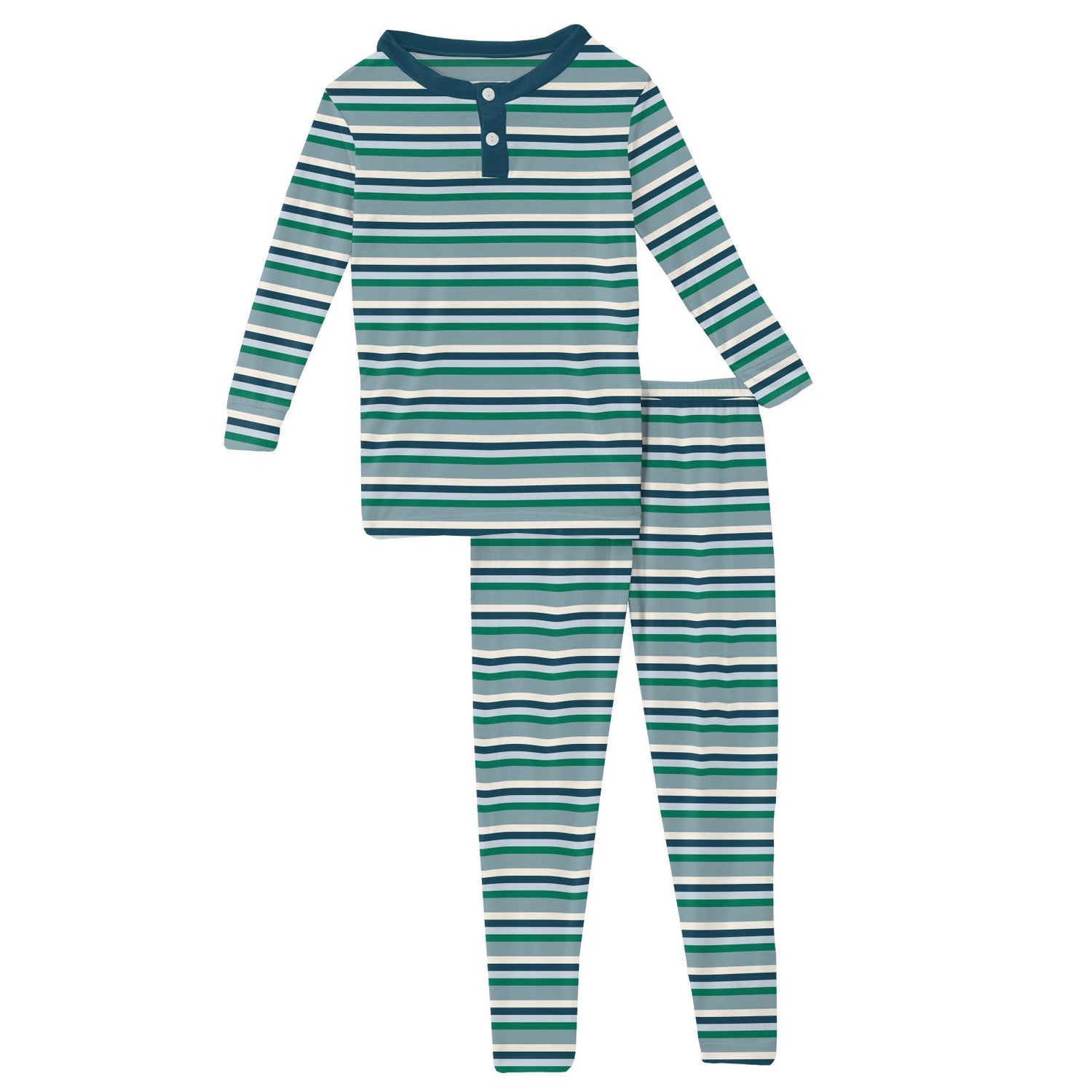 Print Long Sleeve Henley Pajama Set in Stormy Sea Stripe