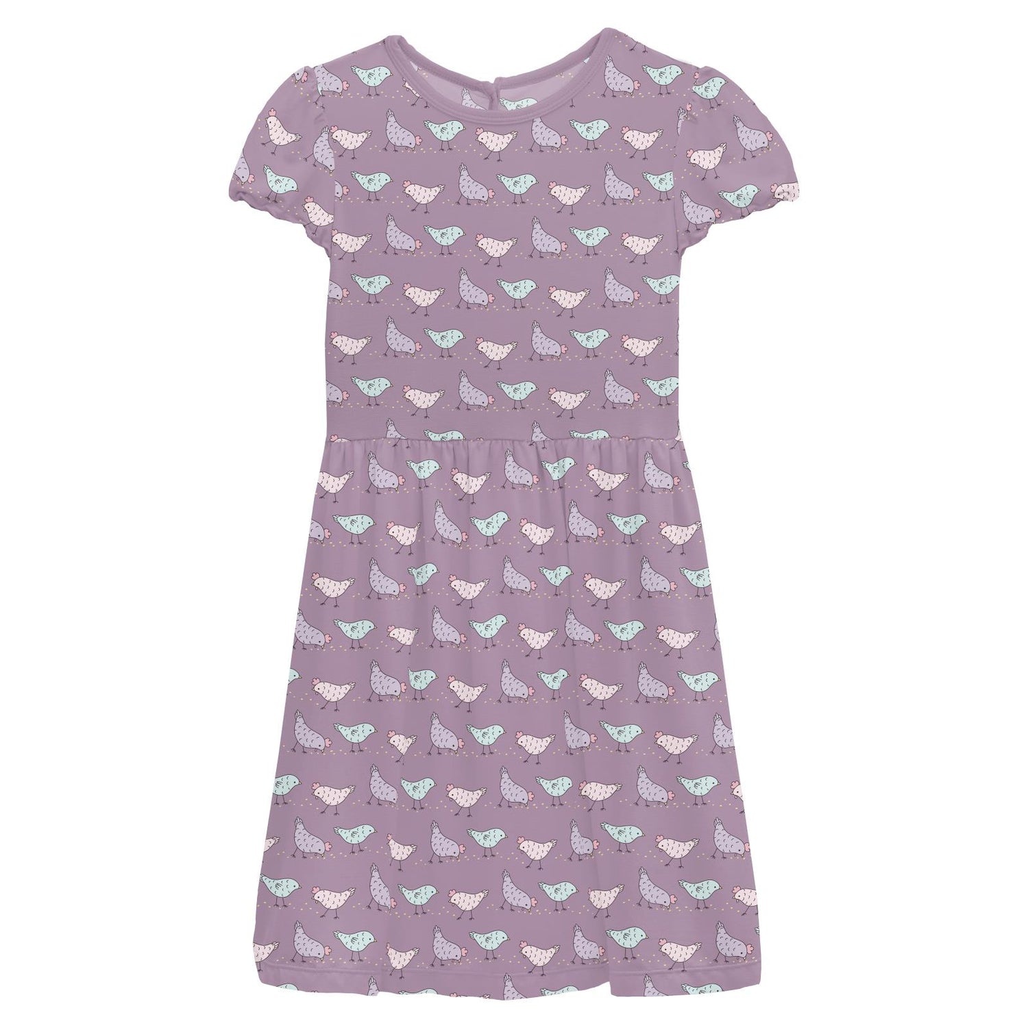 Print Flutter Sleeve Twirl Dress with Pockets in Lavender Chickens (359415)
