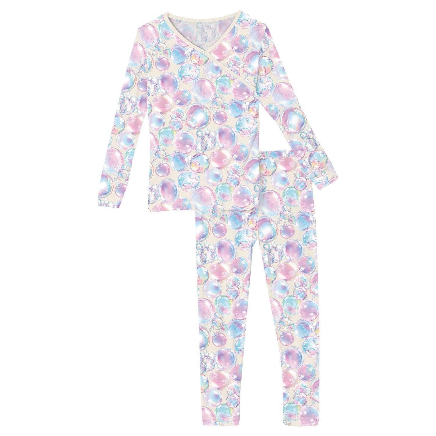Print Long Sleeve Kimono Pajama Set in Natural Bubbles (351946)