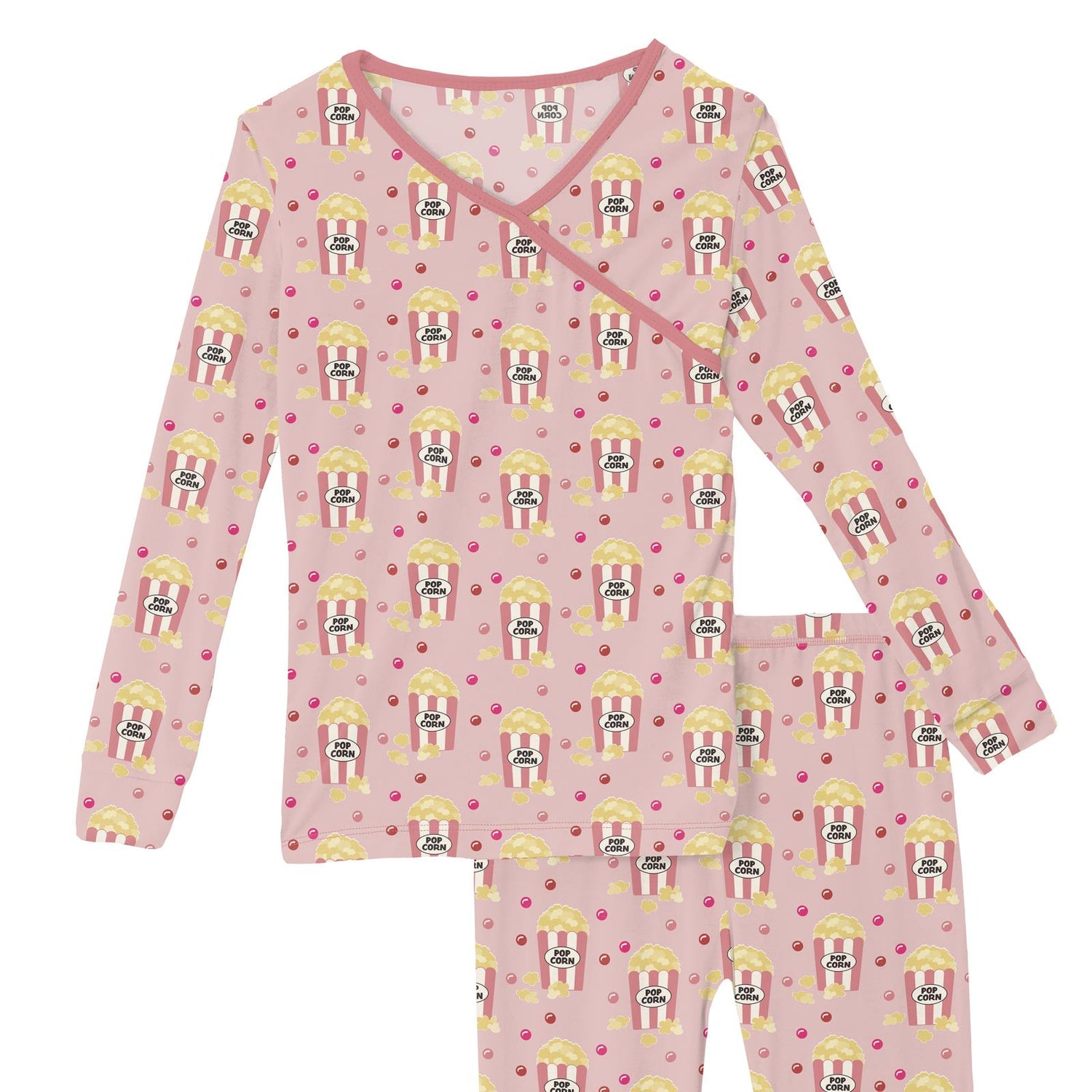 Print Long Sleeve Kimono Pajama Set in Baby Rose Movie Night (351893)