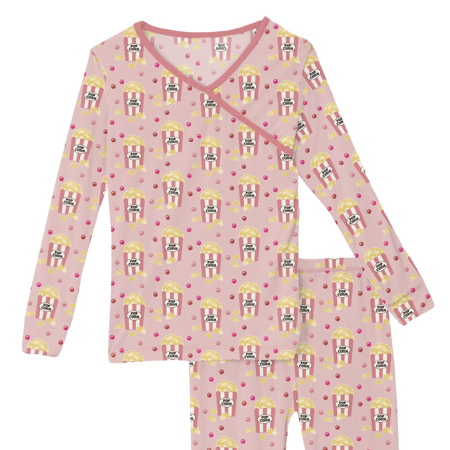 Print Long Sleeve Kimono Pajama Set in Baby Rose Movie Night (351910)