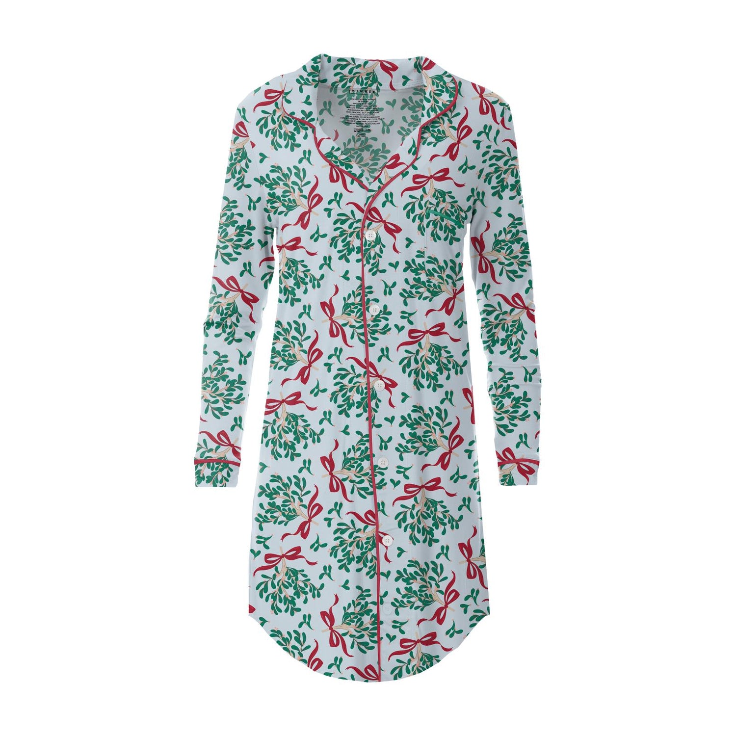 Women's Print Long Sleeve Button Down Nightshirt in Illusion Blue Mistletoe & Ribbons (311575)