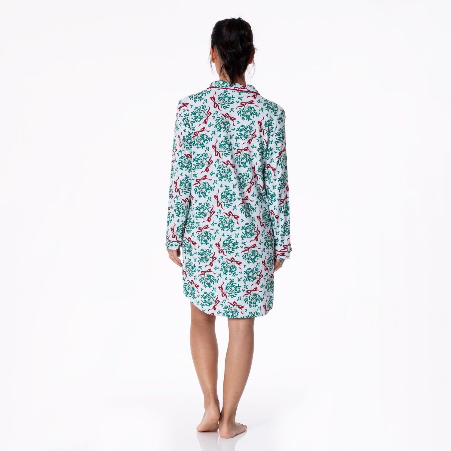 Women's Print Long Sleeve Button Down Nightshirt in Illusion Blue Mistletoe & Ribbons (311609)
