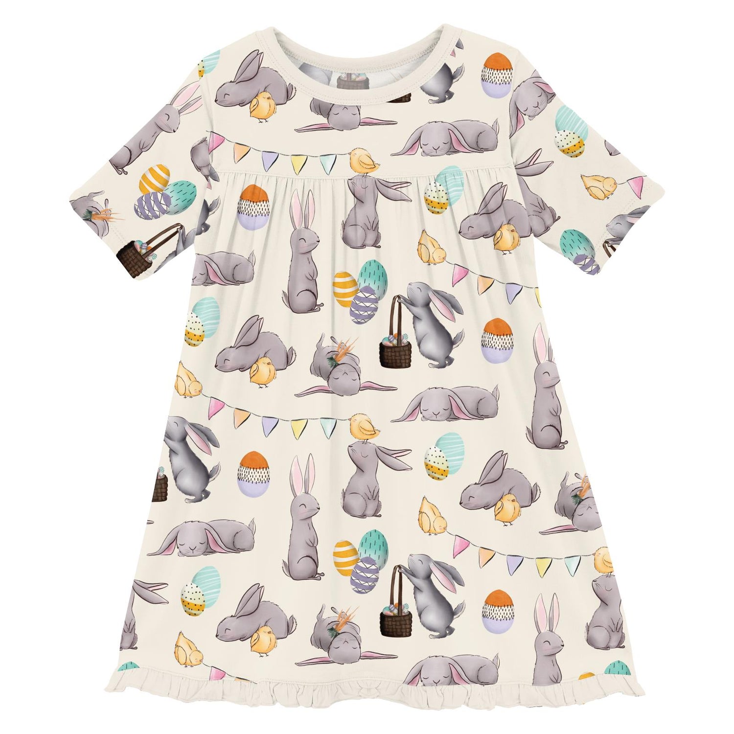 Print Short Sleeve Swing Dress in Natural Egg Hunt (335151)