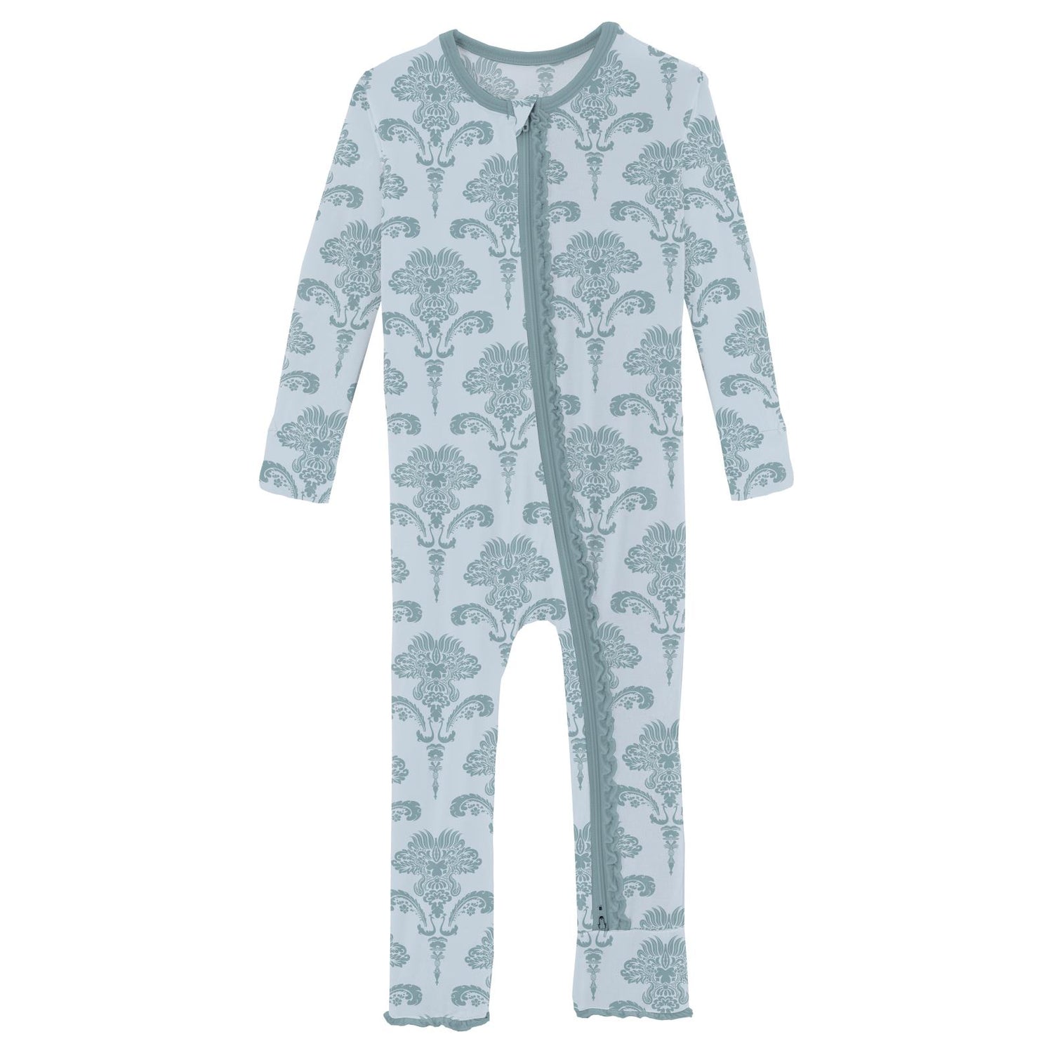 Print Muffin Ruffle Coverall with 2 Way Zipper in Illusion Blue Damask (292531)