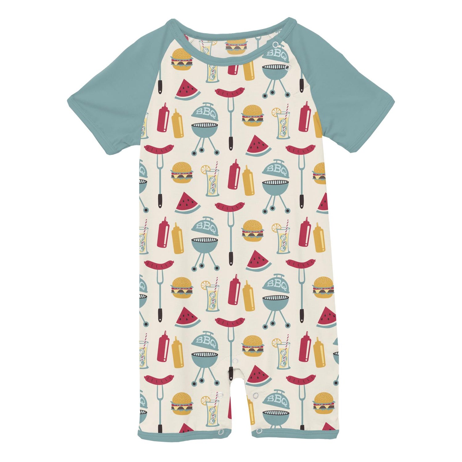 Print Short Sleeve Raglan Romper in Natural BBQ
