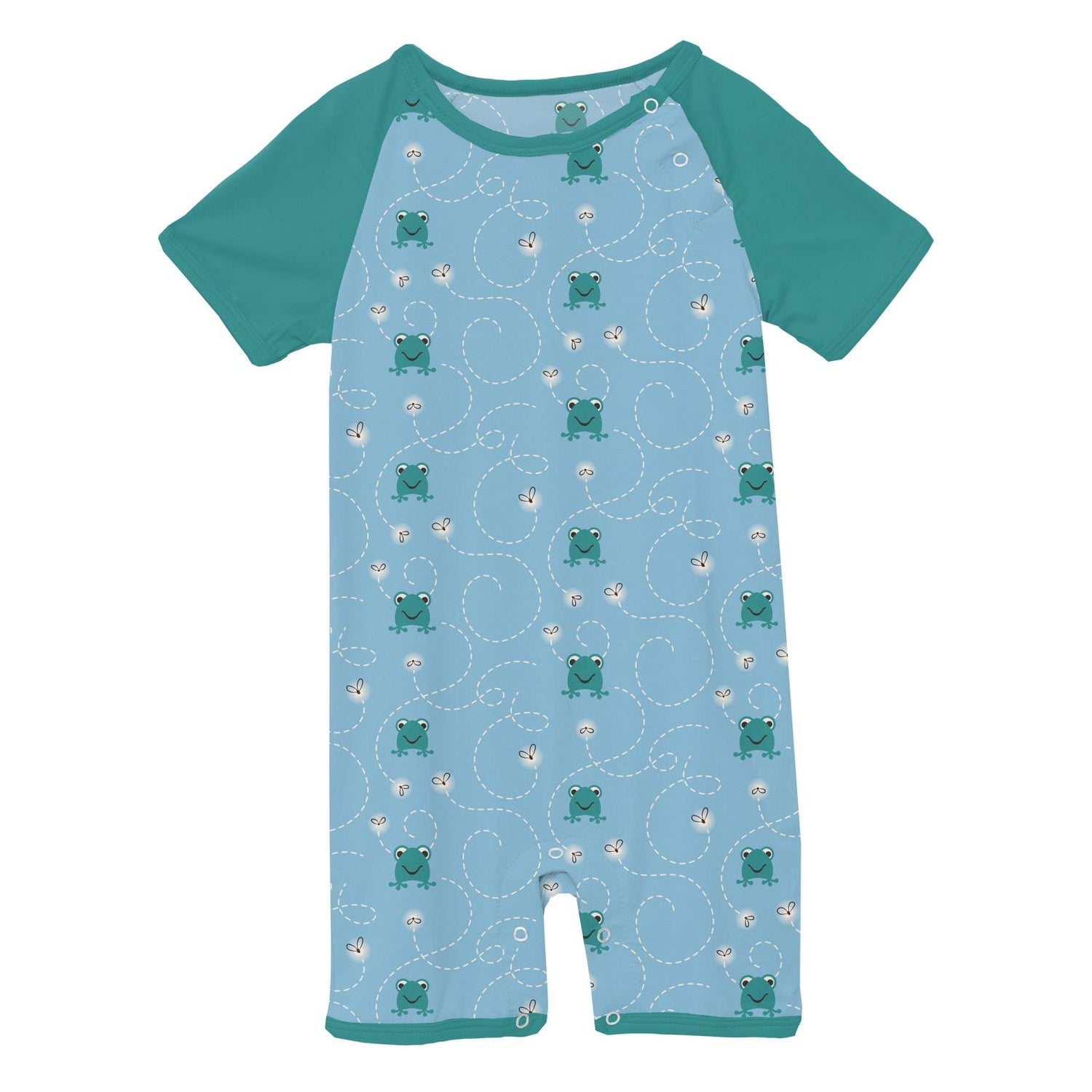 Print Short Sleeve Raglan Romper in Seaside Blue Frogs & Flies