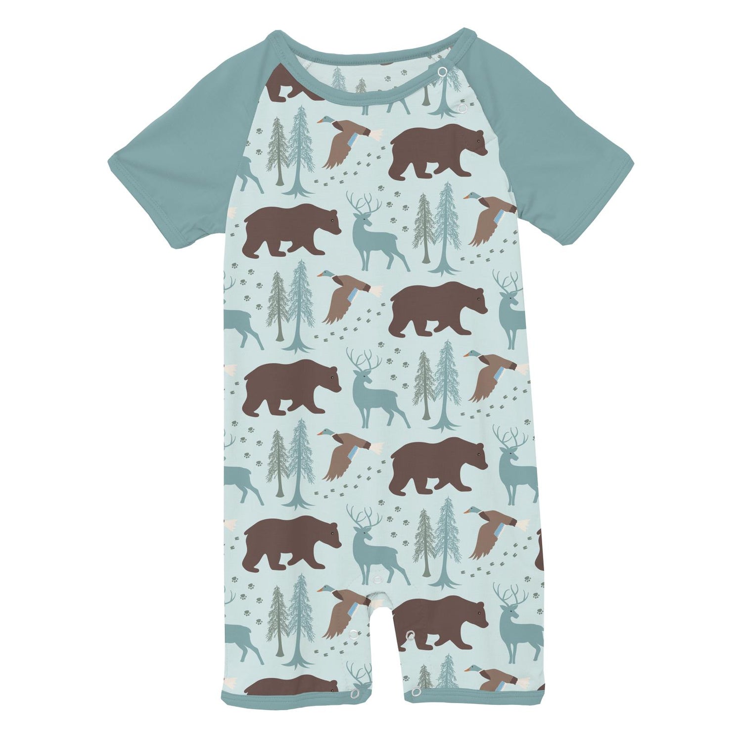 Print Short Sleeve Raglan Romper in Fresh Air Forest Adventure (318781)
