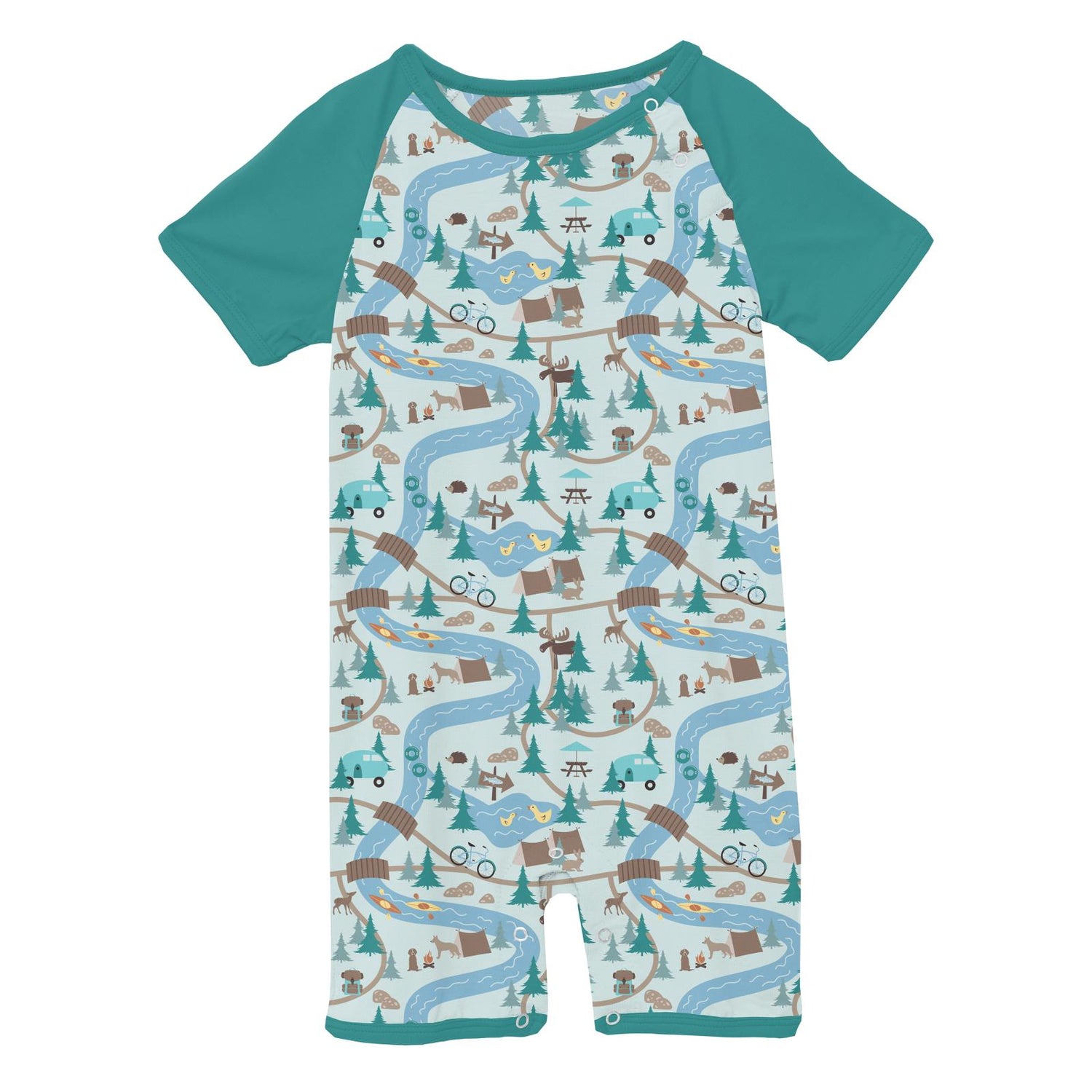 Print Short Sleeve Raglan Romper in Fresh Air Campground Map (318814)