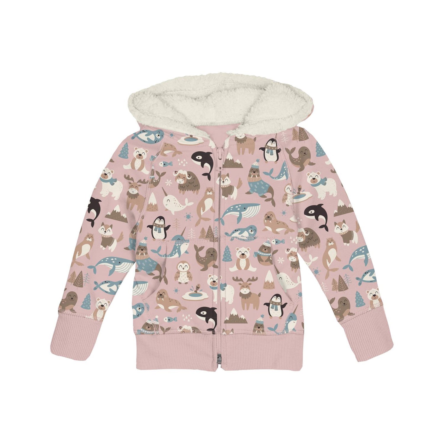 Print Fleece Zip-Front Hoodie with Sherpa-lined Hood in Baby Rose Arctic Animals (342368)