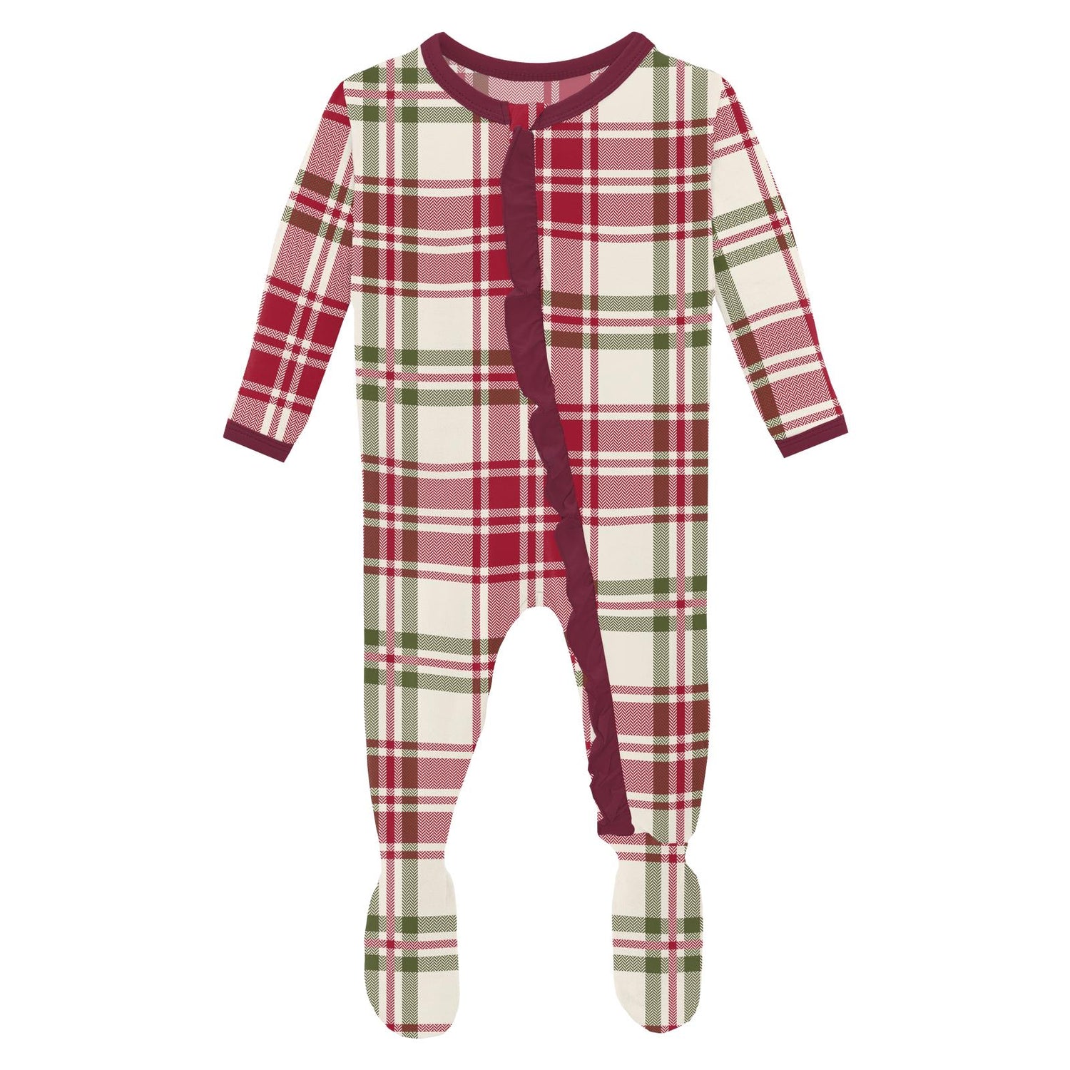 Print Layette Ruffle Footie with 2 Way Zipper in Fireside Plaid (342459)