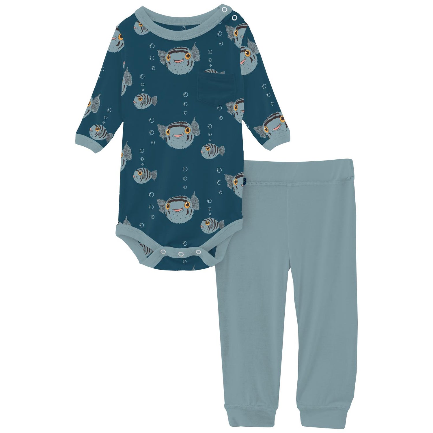 Print Long Sleeve Pocket One Piece & Pants Outfit Set in Peacock Puffer Family