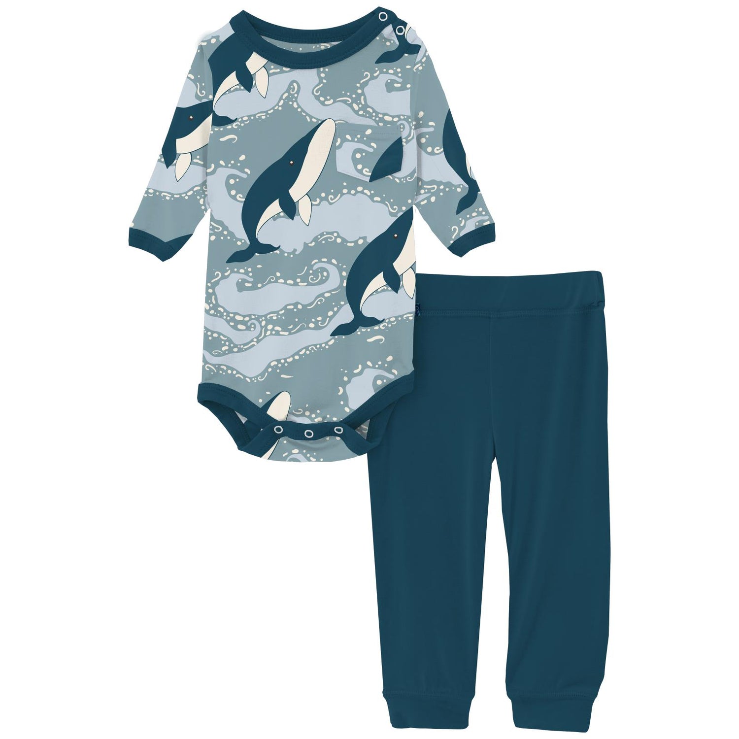 Print Long Sleeve Pocket One Piece & Pants Outfit Set in Stormy Sea Splashing Whales (306088)