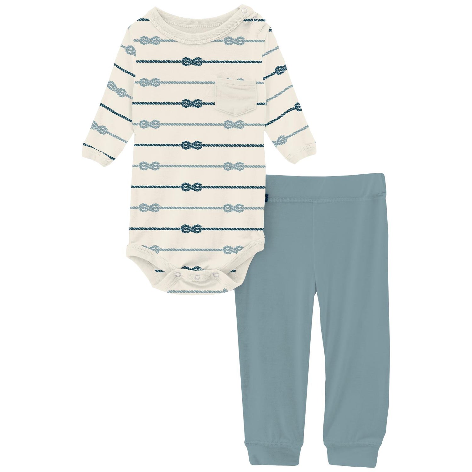 Print Long Sleeve Pocket One Piece & Pants Outfit Set in Natural Boat Rope