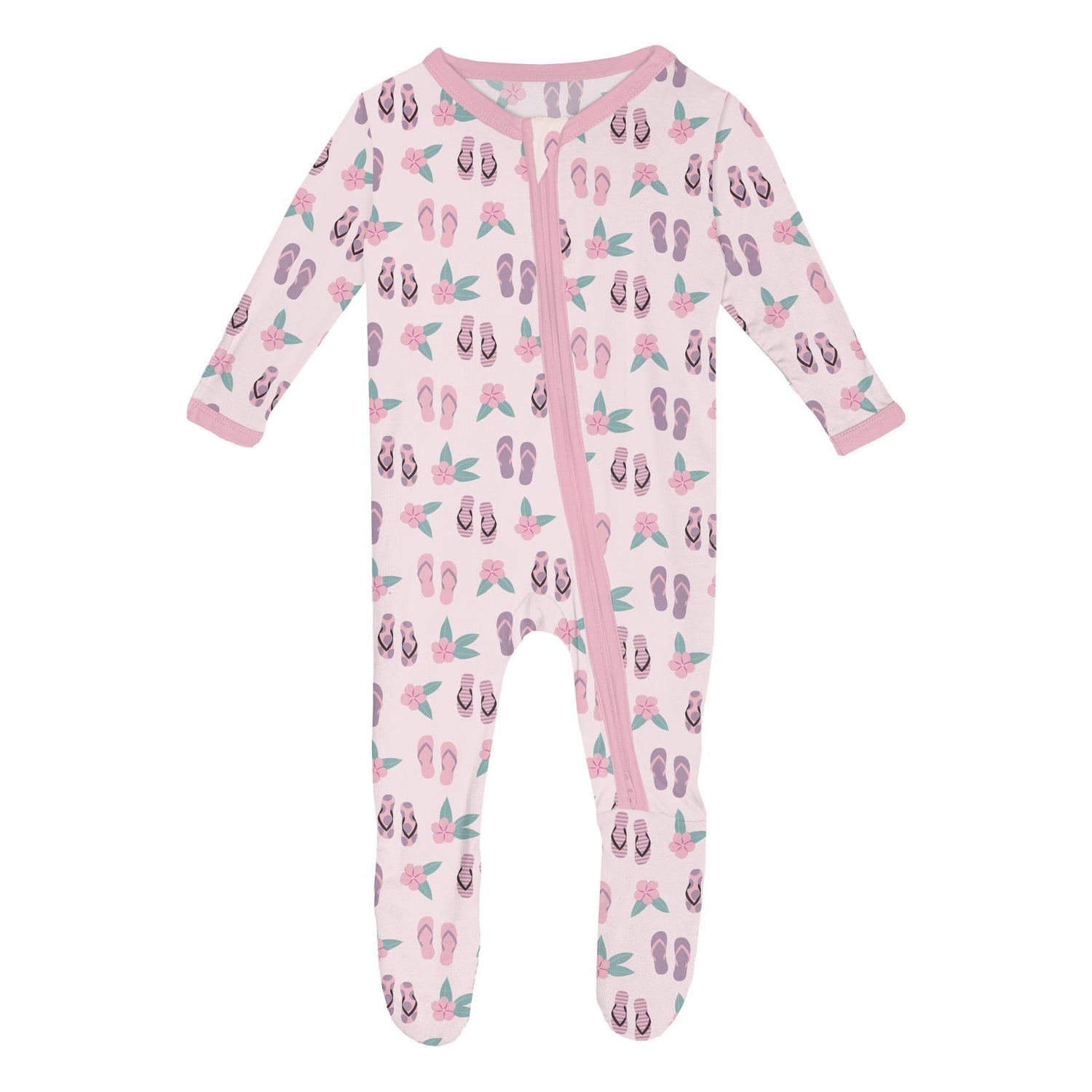 Print Footie with 2 Way Zipper in Shrinking Violet Flip Flops and Flowers (328747)