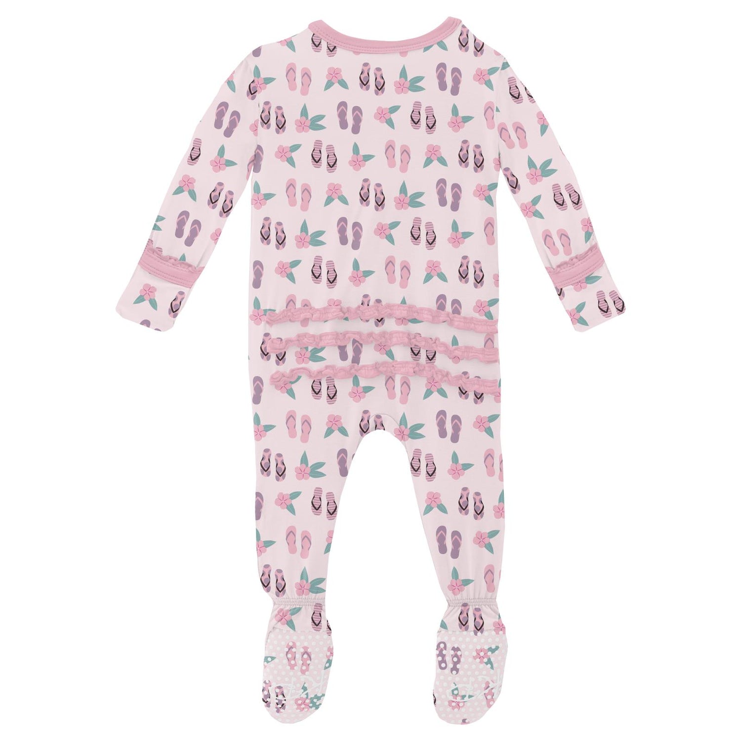 Print Muffin Ruffle Footie with 2 Way Zipper in Shrinking Violet Flip Flops and Flowers (329193)