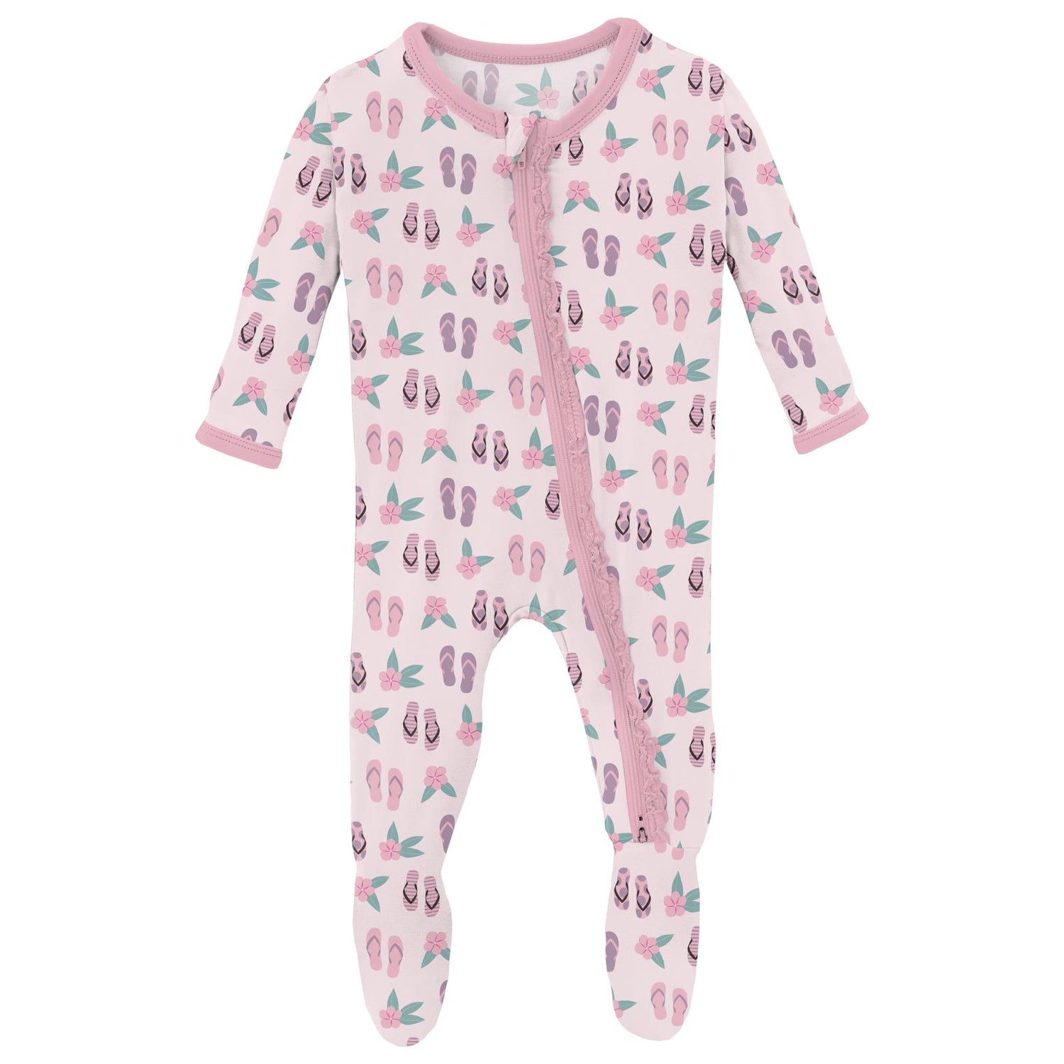 Print Muffin Ruffle Footie with 2 Way Zipper in Shrinking Violet Flip Flops and Flowers (329880)