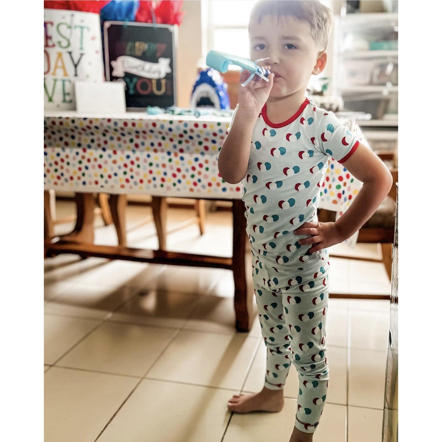 Print Short Sleeve Pajama Set in Spring Sky Birthday
